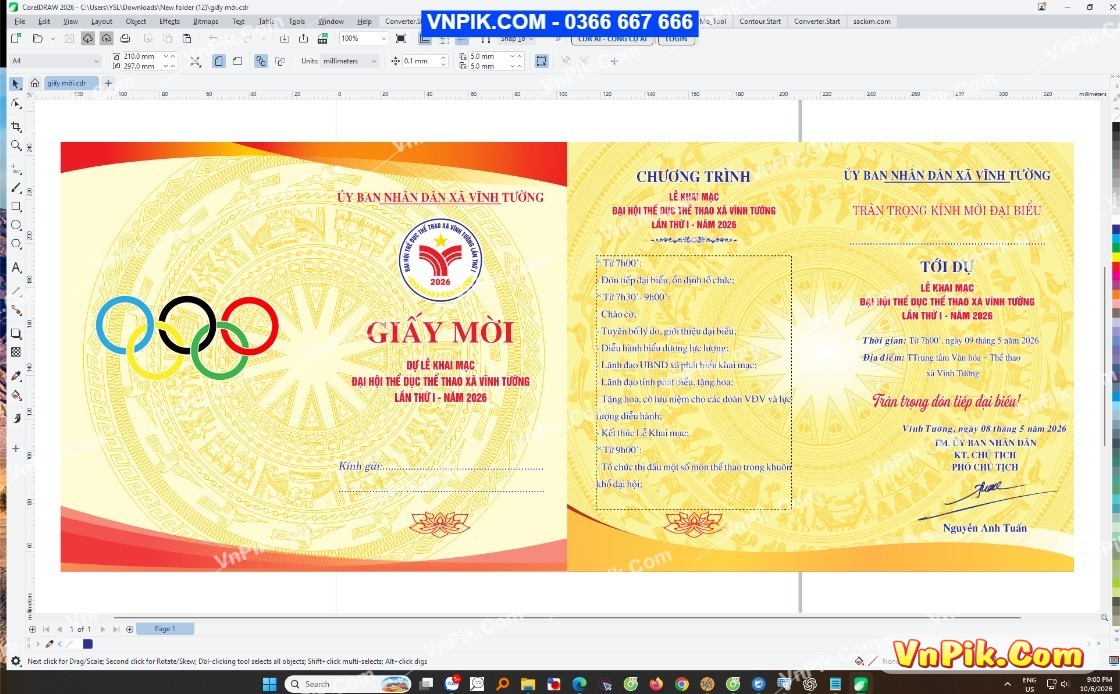 thiết kế mẫu giấy mời tham dự Lễ khai mạc Đại hội Thể dục Thể thao xã Vĩnh Tường lần thứ I - năm 2026 - 78431