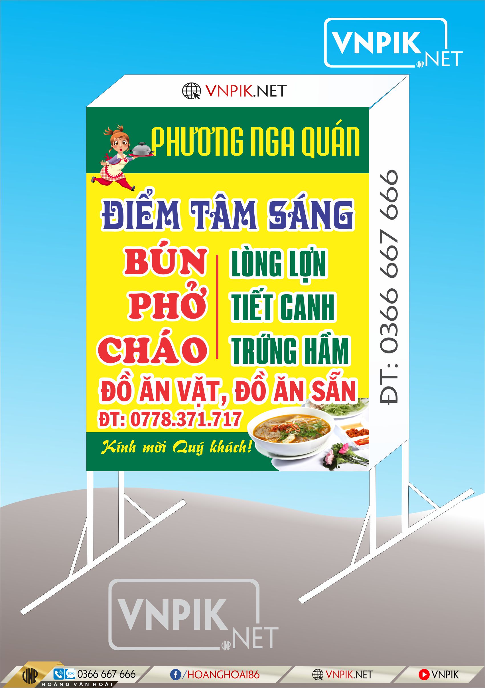 Mẫu biển vẫy điểm tâm sáng, bún phở, lòng lợn, điểm tâm phương nga quán