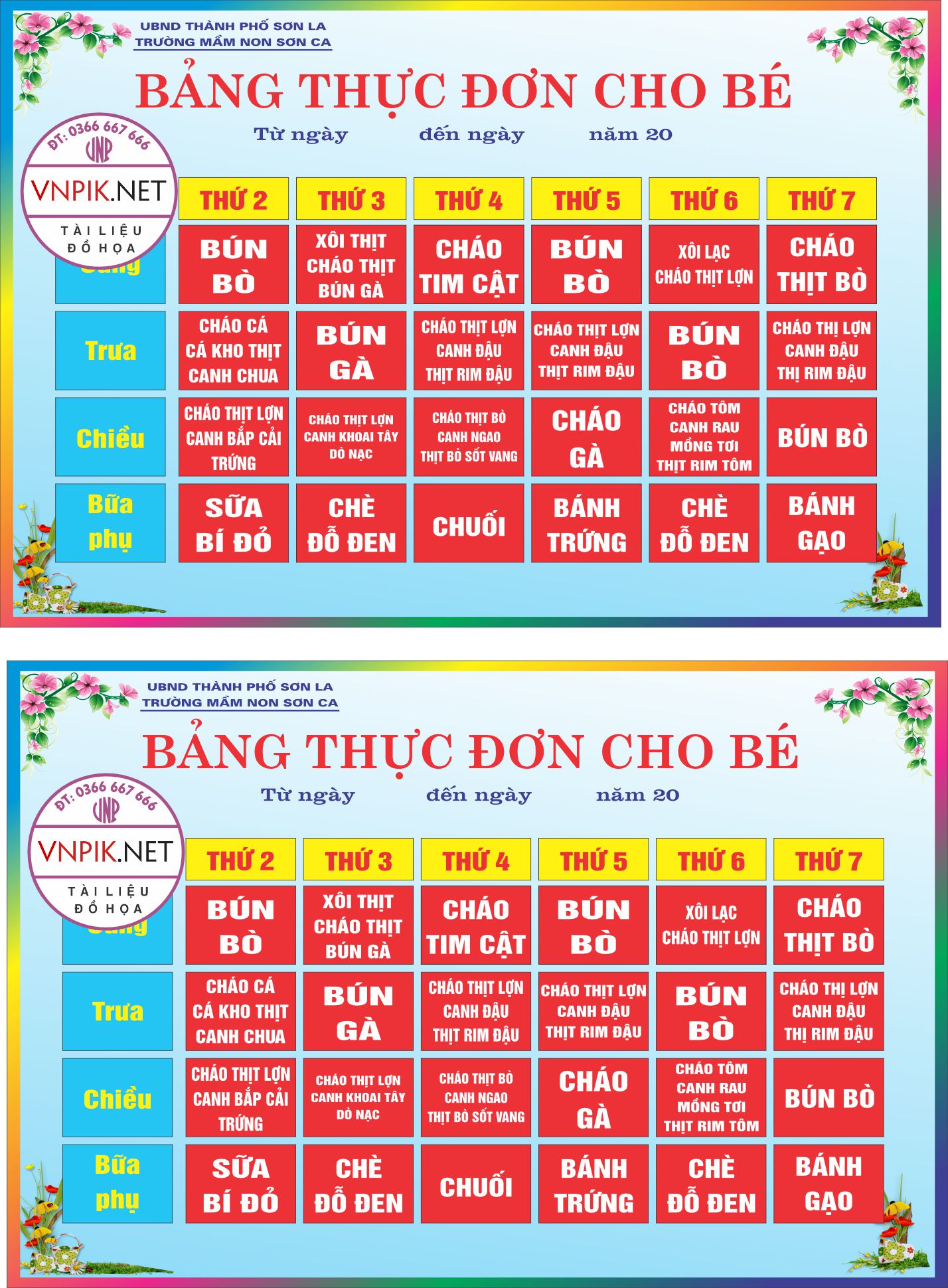 Bảng thực đơn cho bé file CDR