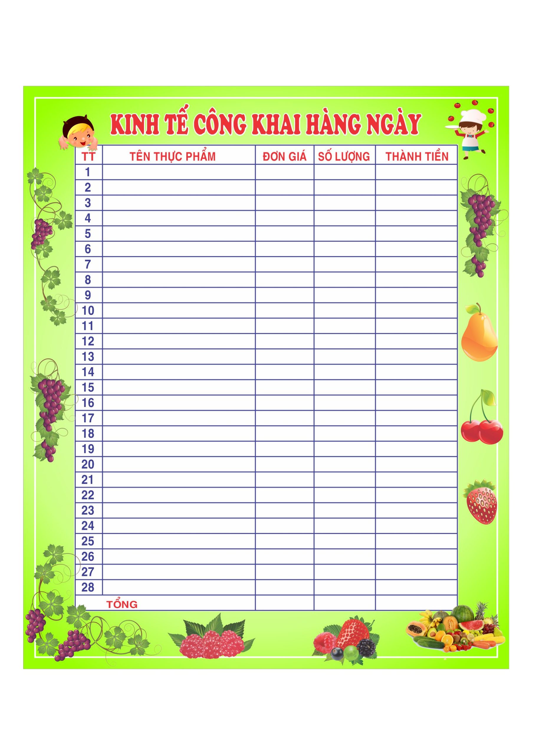 Mẫu bảng biểu mầm non kinh tế công khai hằng ngày