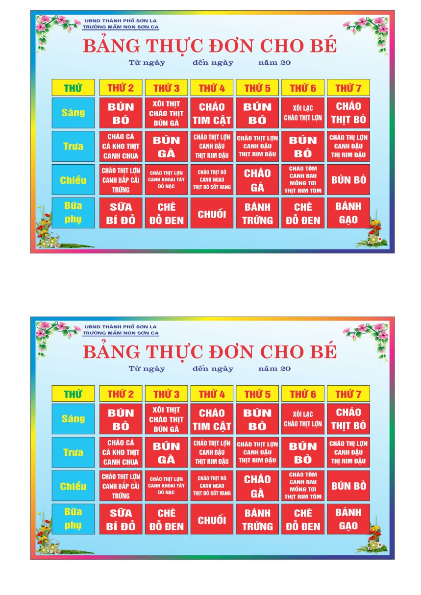 mẫu bảng thực đơn cho bé