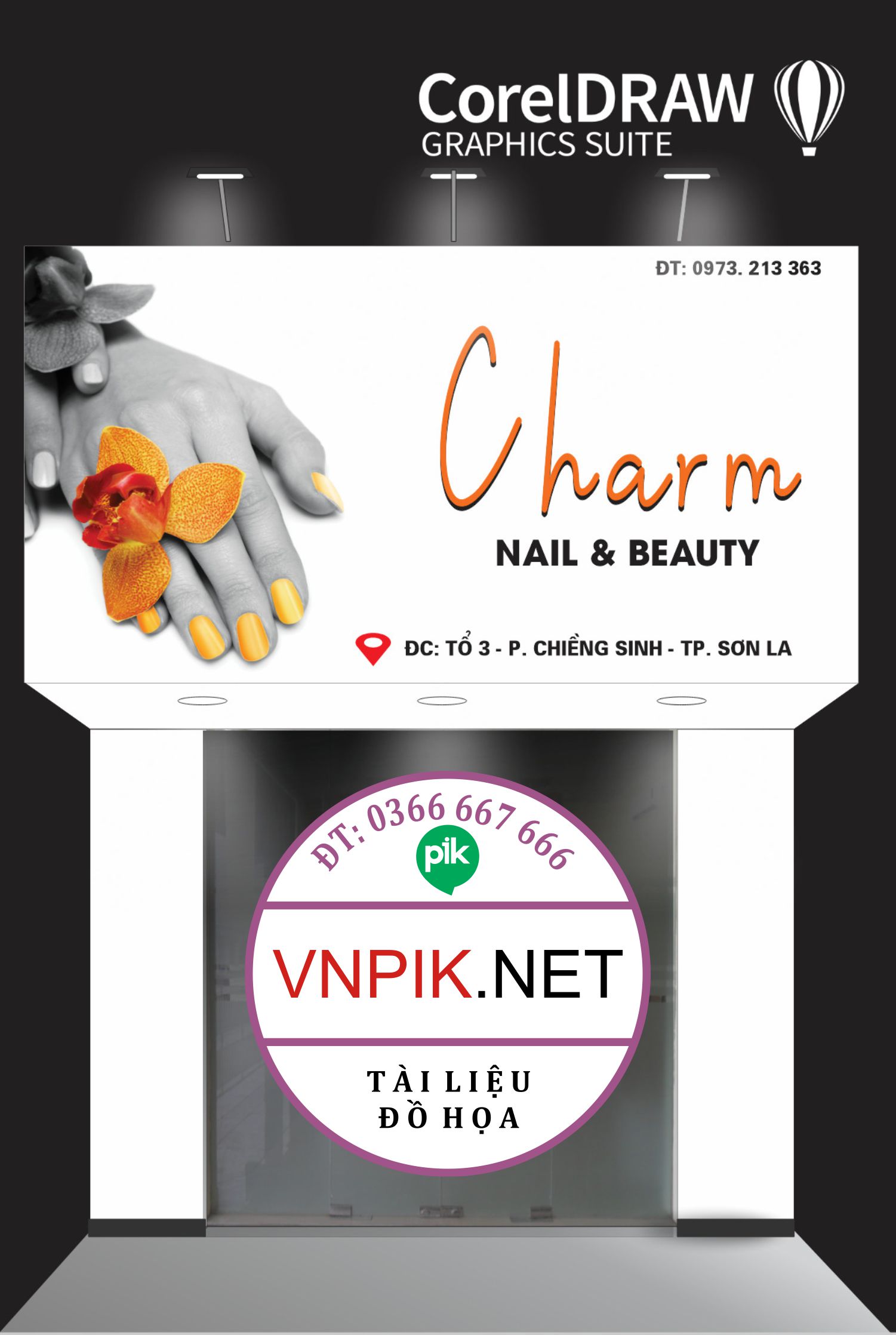 Bảng quảng cáo nail beauty trang điểm spa Charm file corel