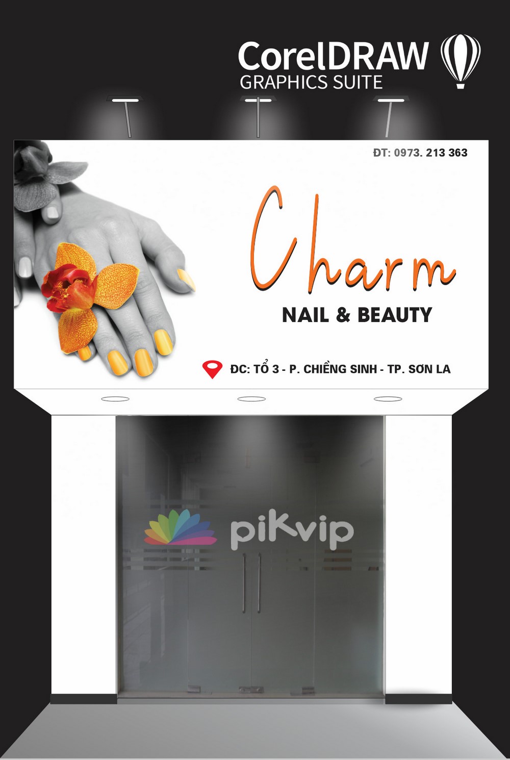 Bảng quảng cáo nail beauty trang điểm spa Charm file corel