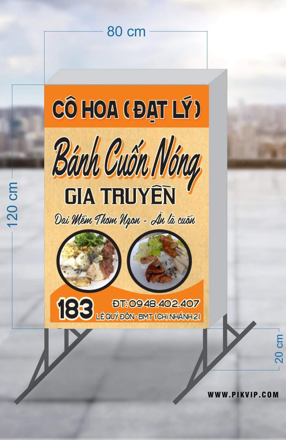 Bảng hiệu hộp đứng bánh cuốn nóng cô hoa file corel