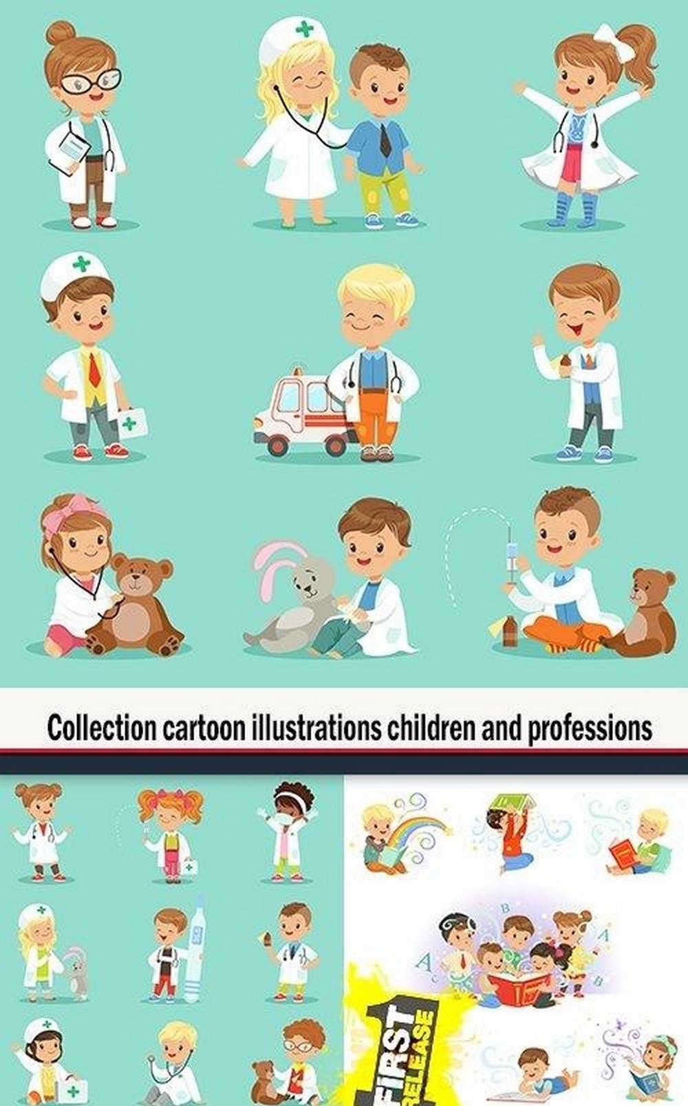 Collection cartoon illustrations children and professions