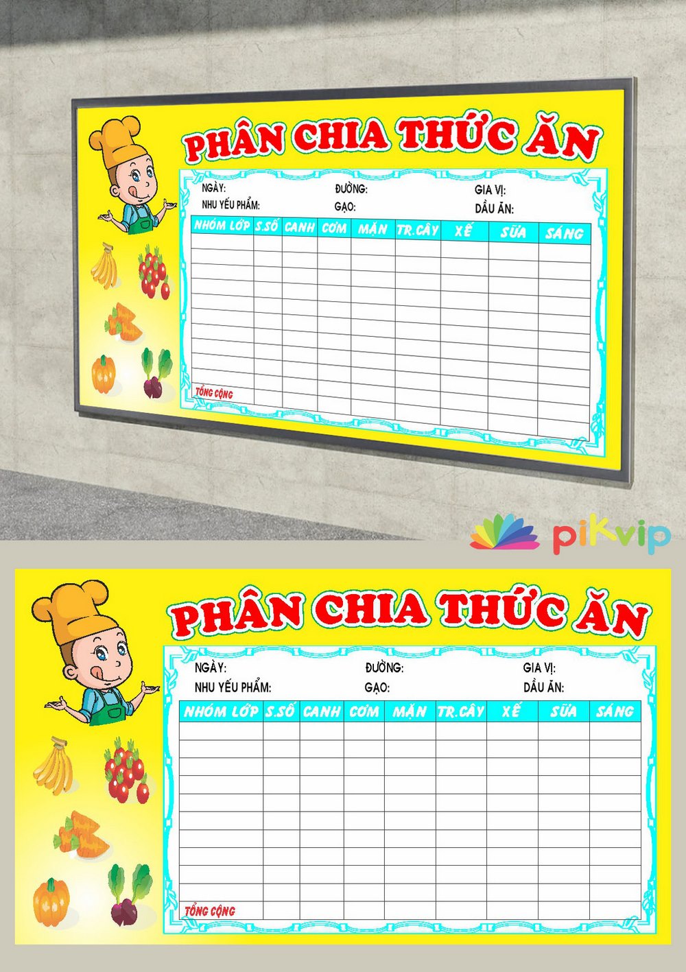 Bảng phân chia thức ăn trường học