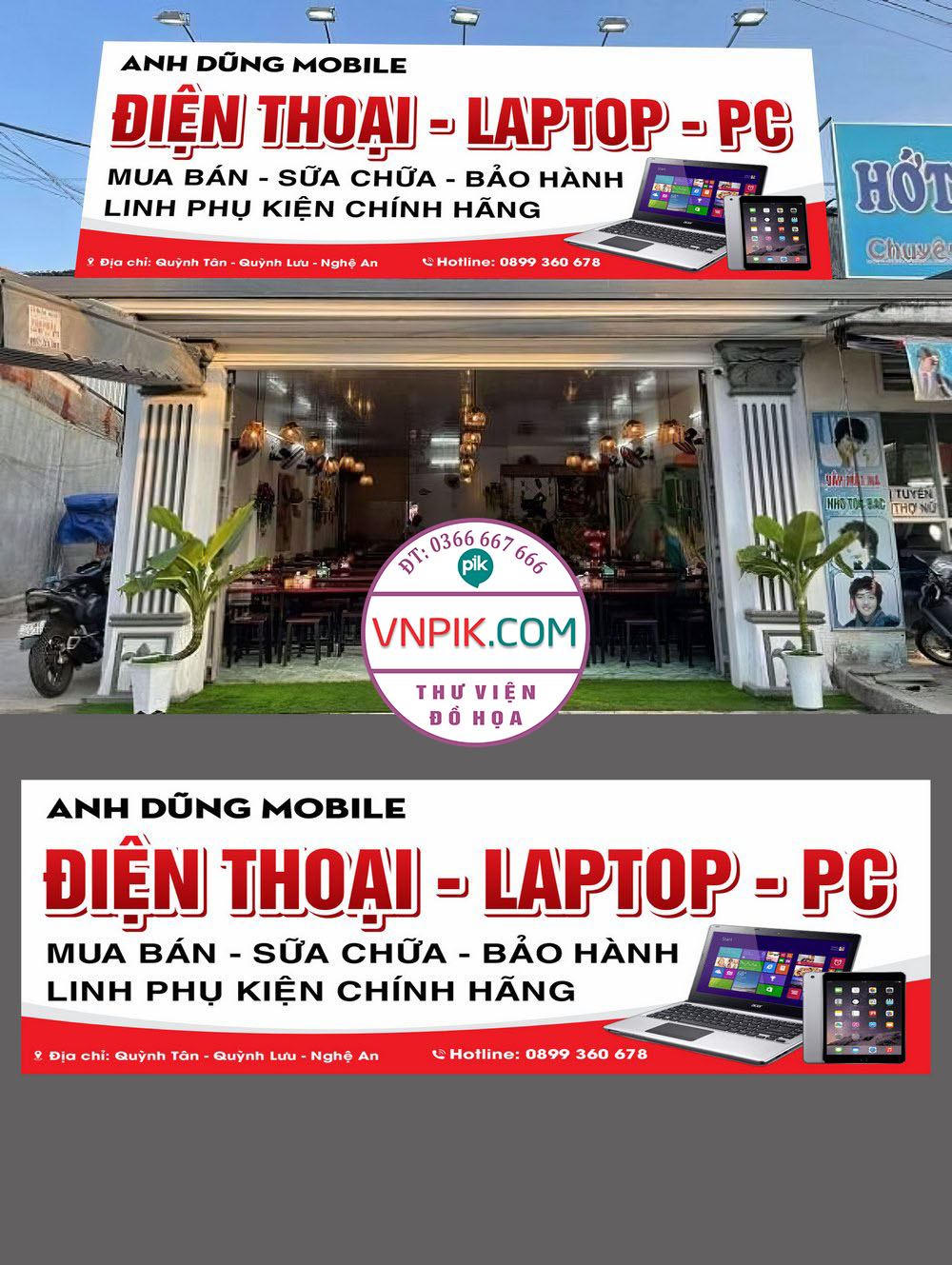 Mẫu bảng quảng cáo tiệm điện thoại laptop file corel