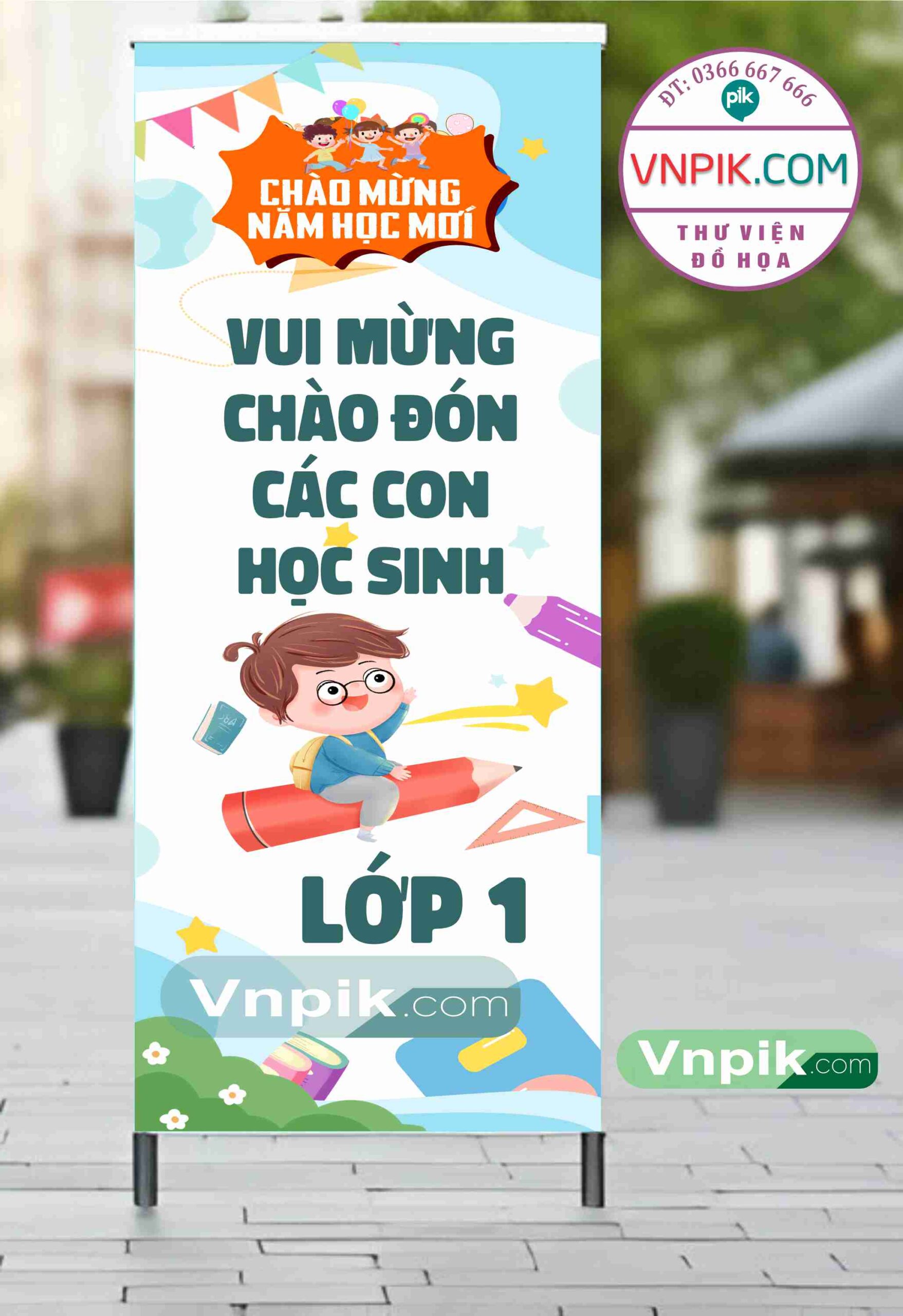 Phướn treo khai giảng chào đón học sinh lớp 1 mẫu 03