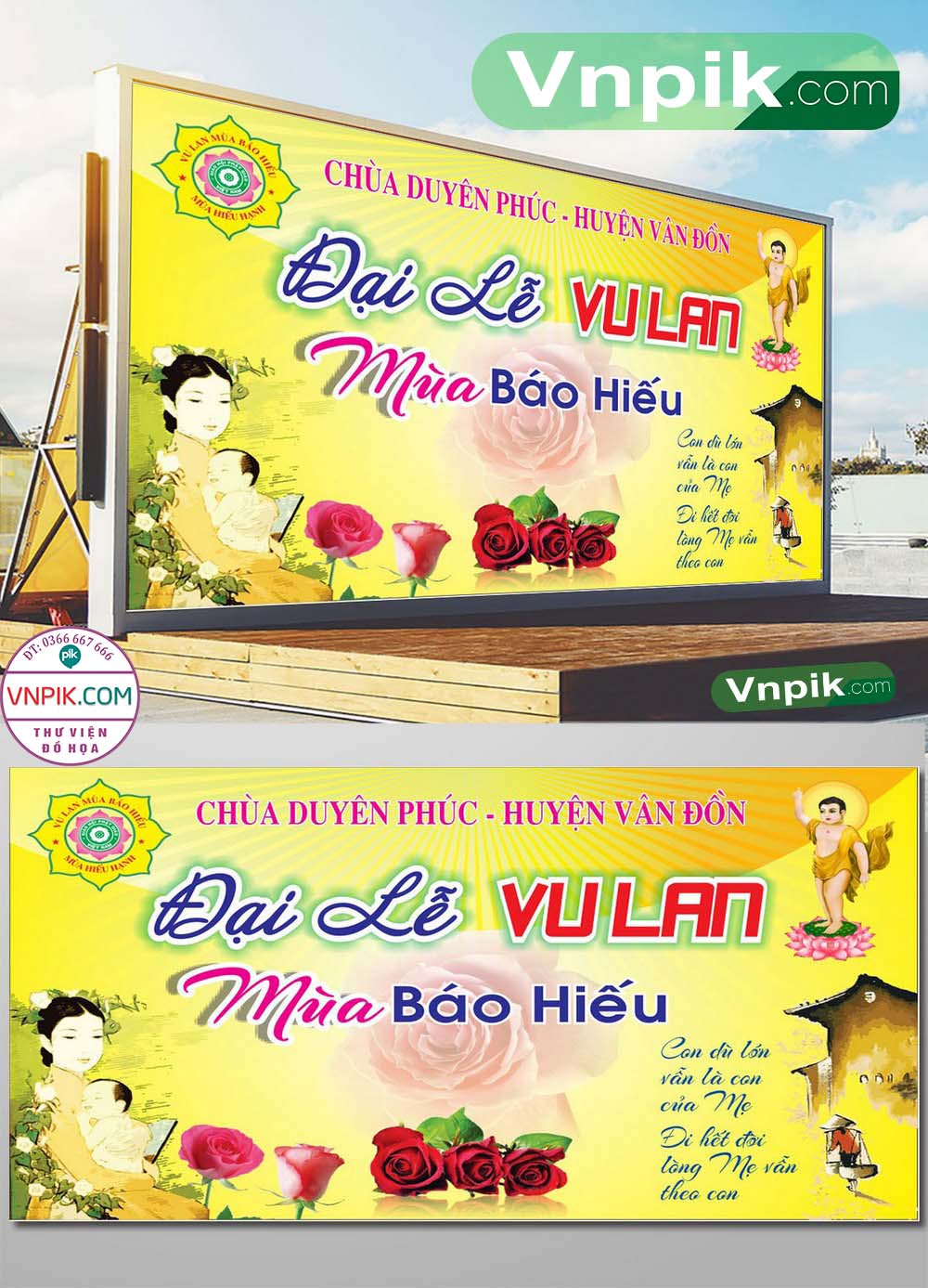 Mẫu phông nền đại lễ mùa vu lan mùa báo hiếu chùa Quan Âm