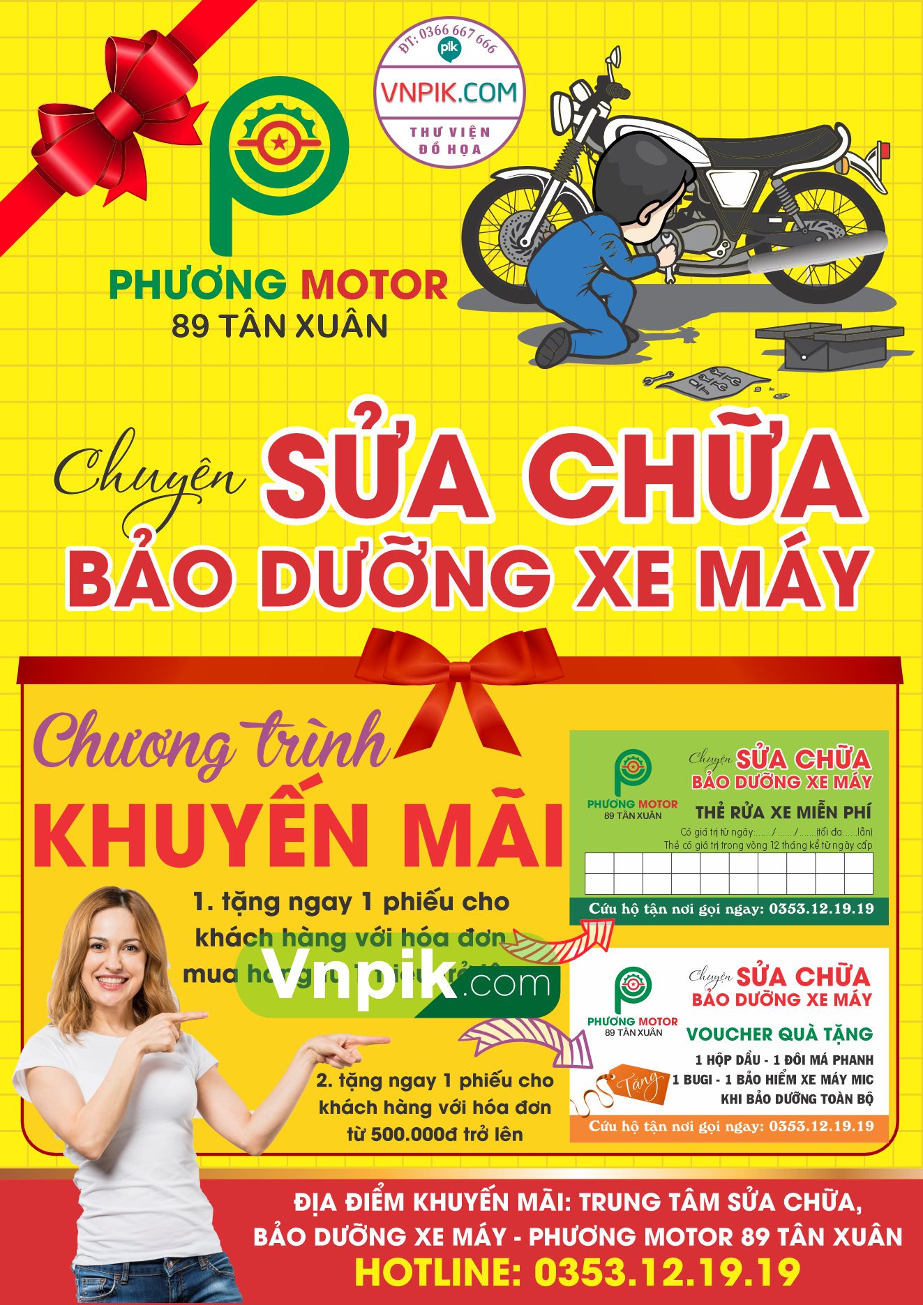 Mẫu biển khuyến mãi sửa chữa bảo dưỡng xe máy phương motor