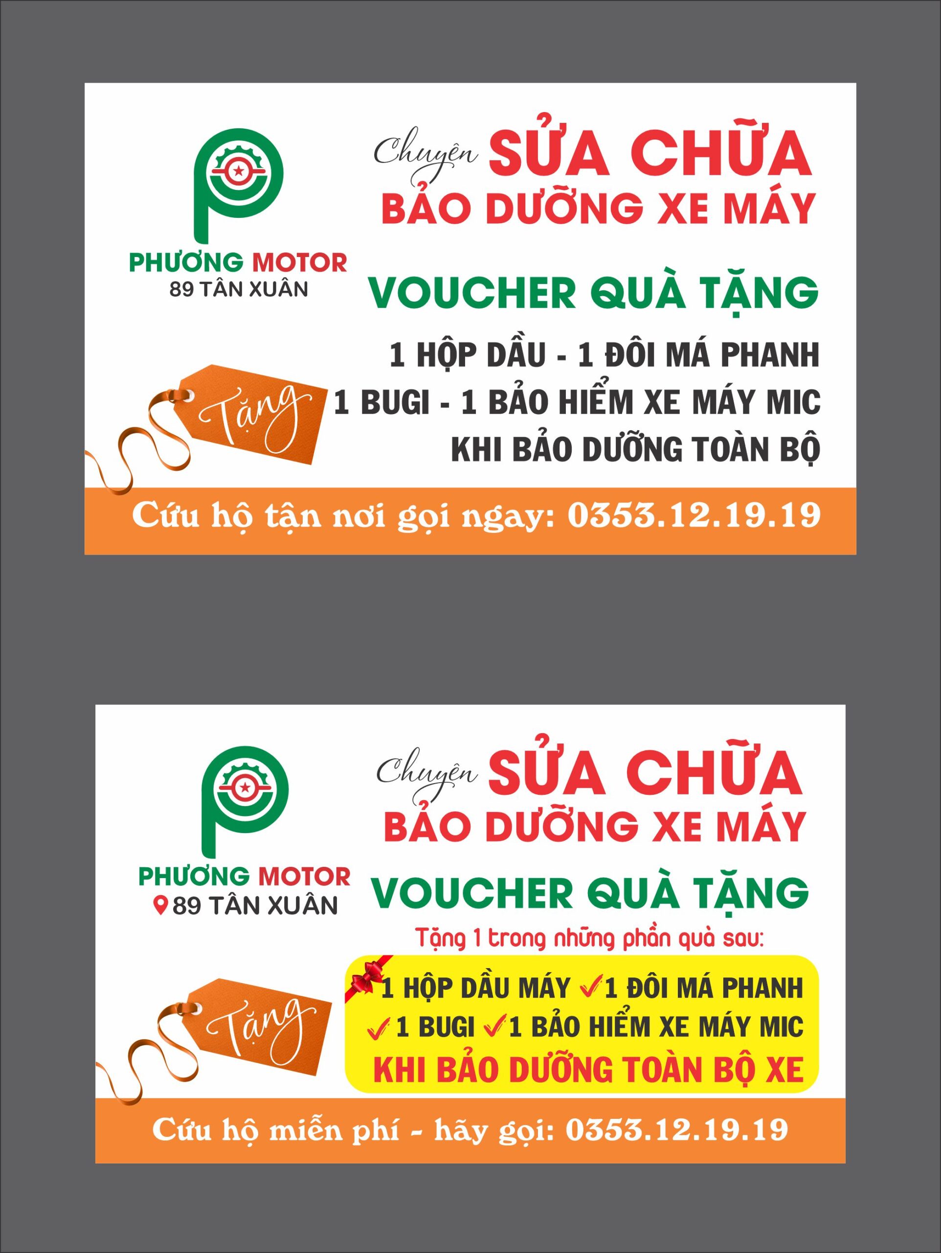 Mẫu name card sửa chữa bảo dưỡng xe voucher quà tặng phương motor