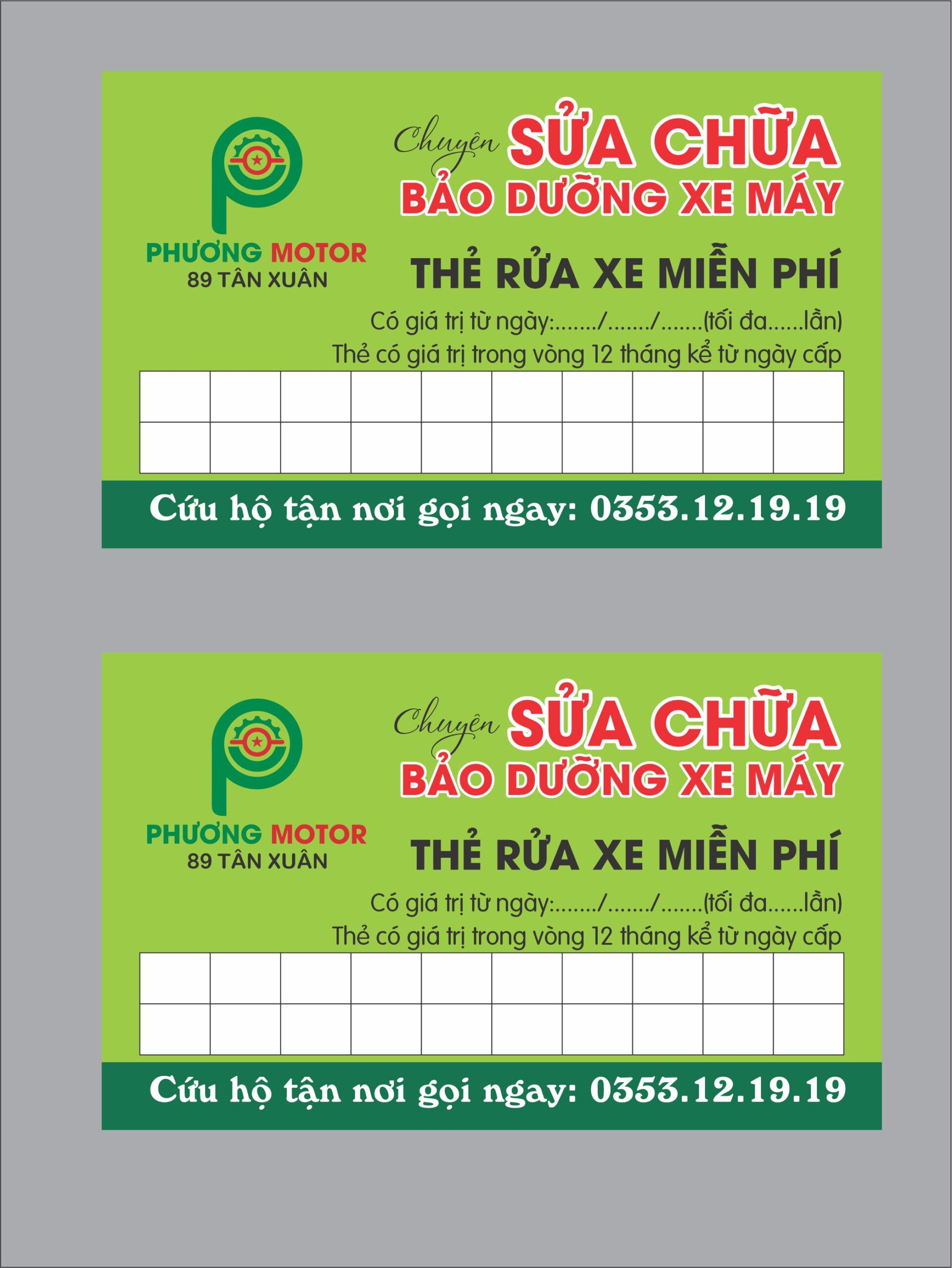 Mẫu name card thẻ rửa xe miễn phí phương motor