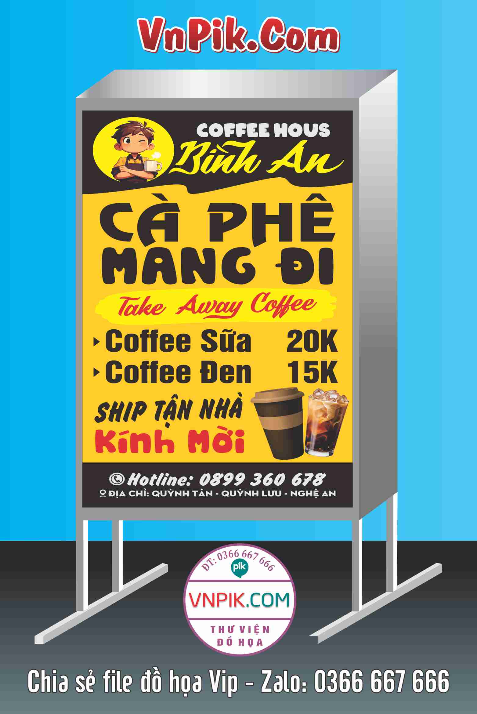 Bảng quảng cáo hộp đèn quán cà phê mang đi bình an file cdr