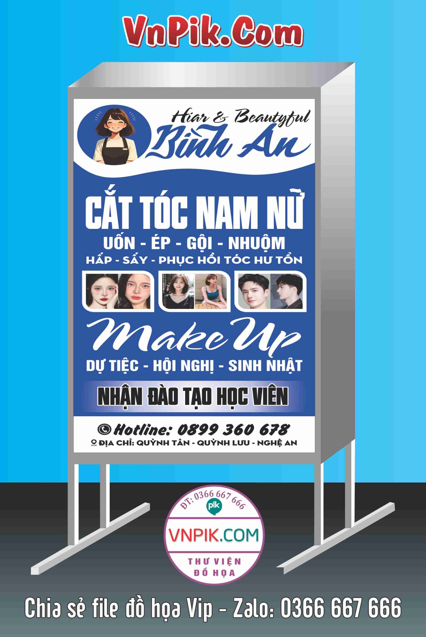 Bảng quảng cáo hộp đèn tiệm cắt tóc nam nữ hair salon bình an file corel