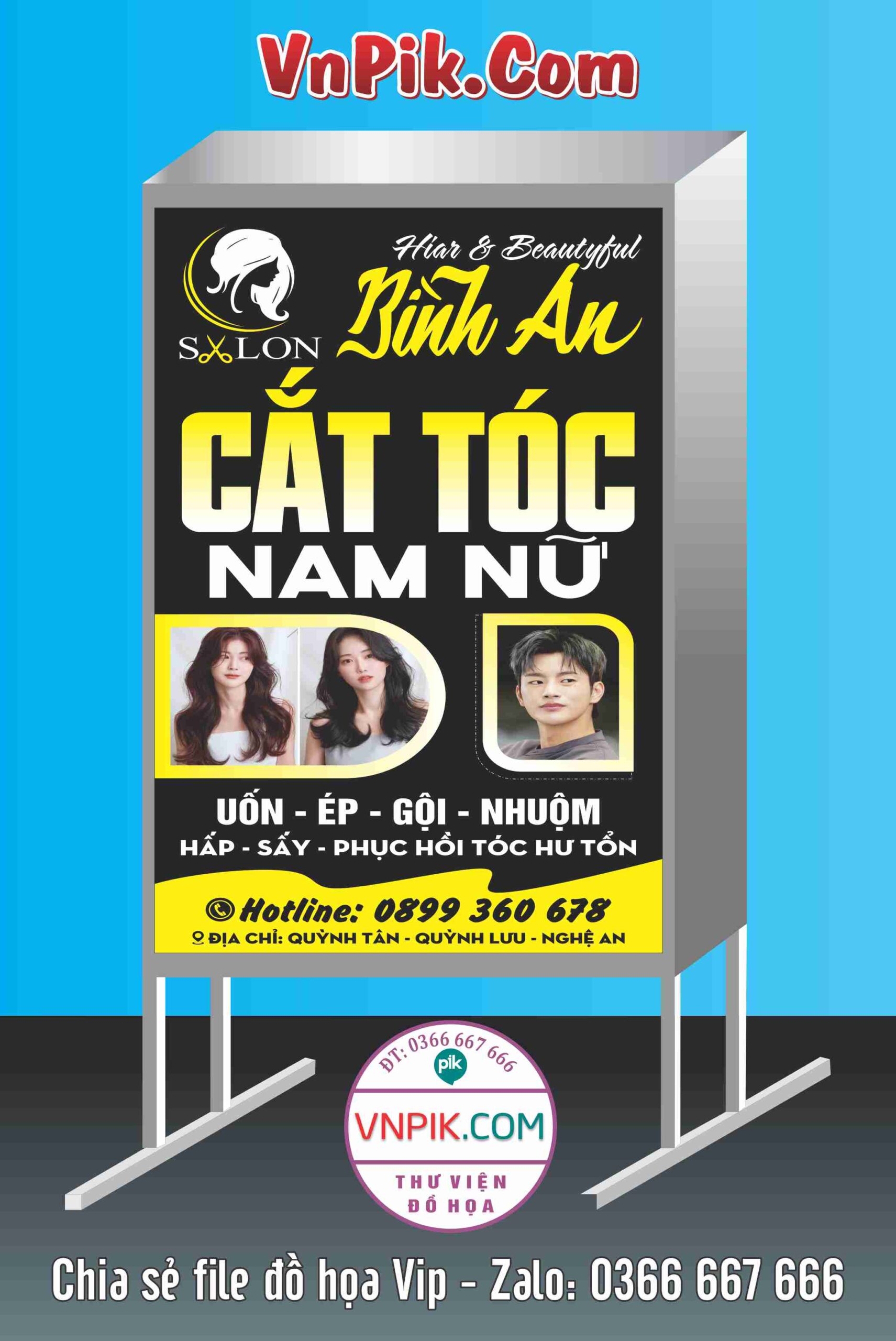 Bảng quảng cáo hộp đèn tiệm cắt tóc nam nữ hair salon file corel