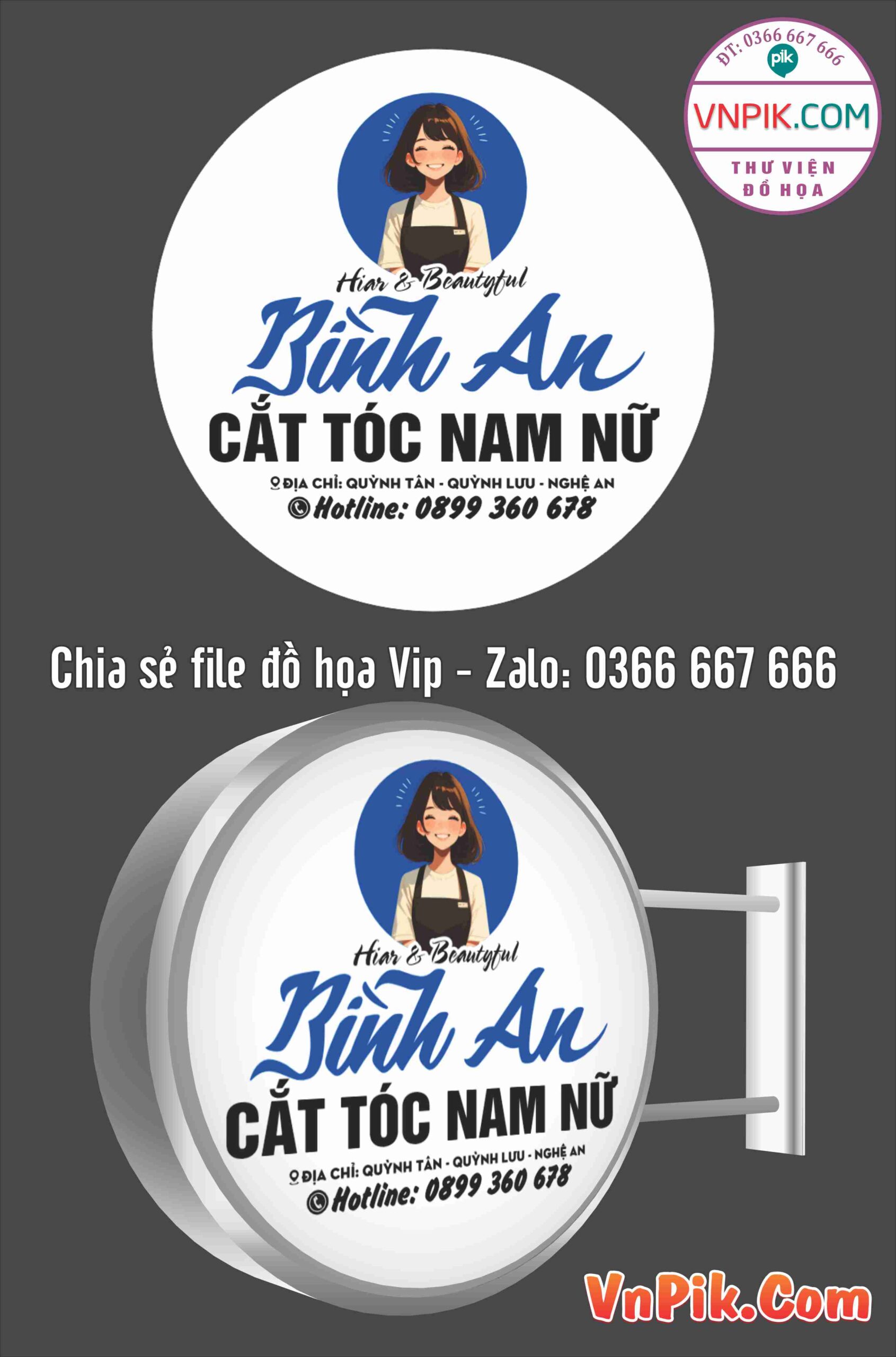 Biển vẩy tiệm tiệm cắt tóc nam nữ hair salon bình an file corel