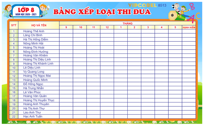 Bảng xếp loại thi đua trong lớp trường THCS file corel