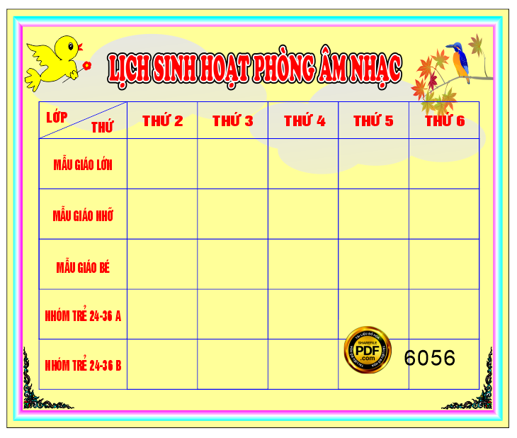 Bảng lịch sinh hoạt phòng âm nhạc file corel
