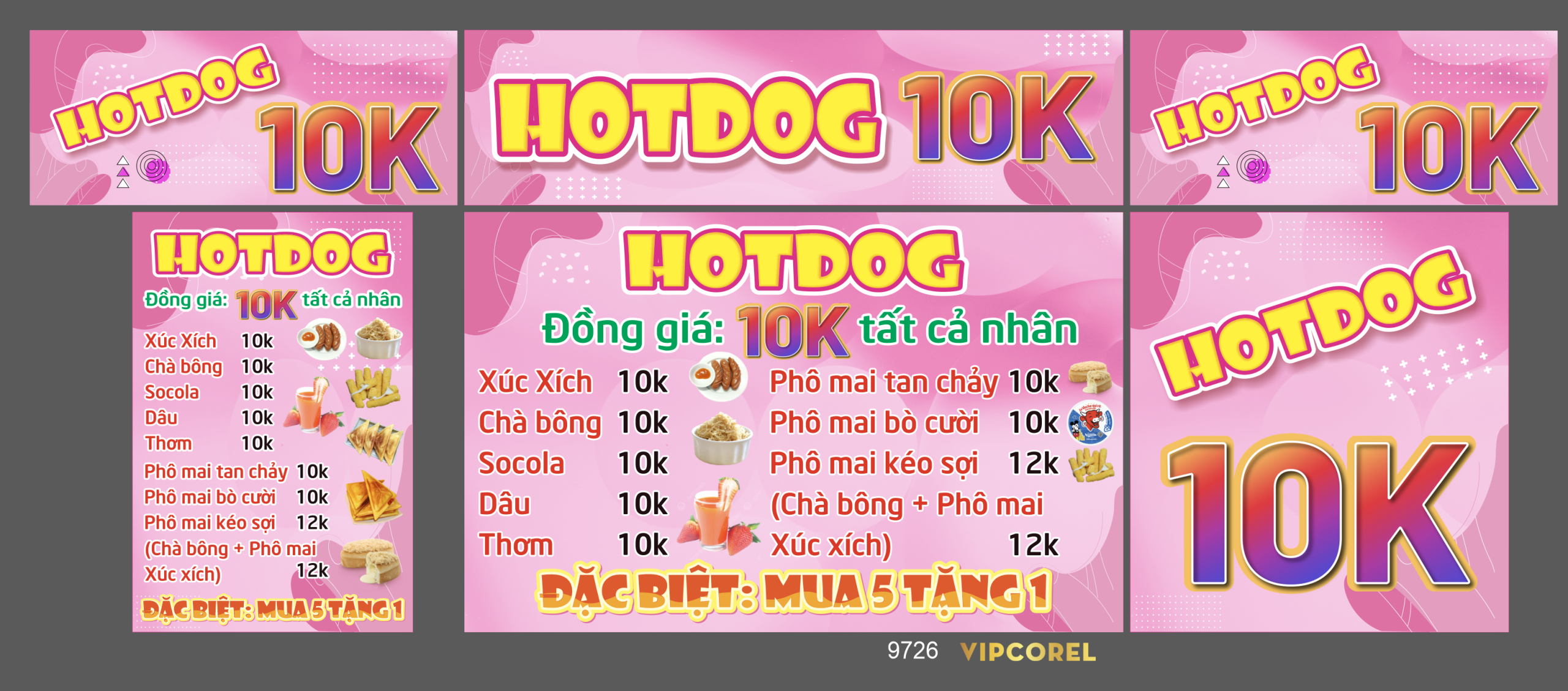 Menu quán ăn vặt Hotdog 10k nền màu hồng file vector
