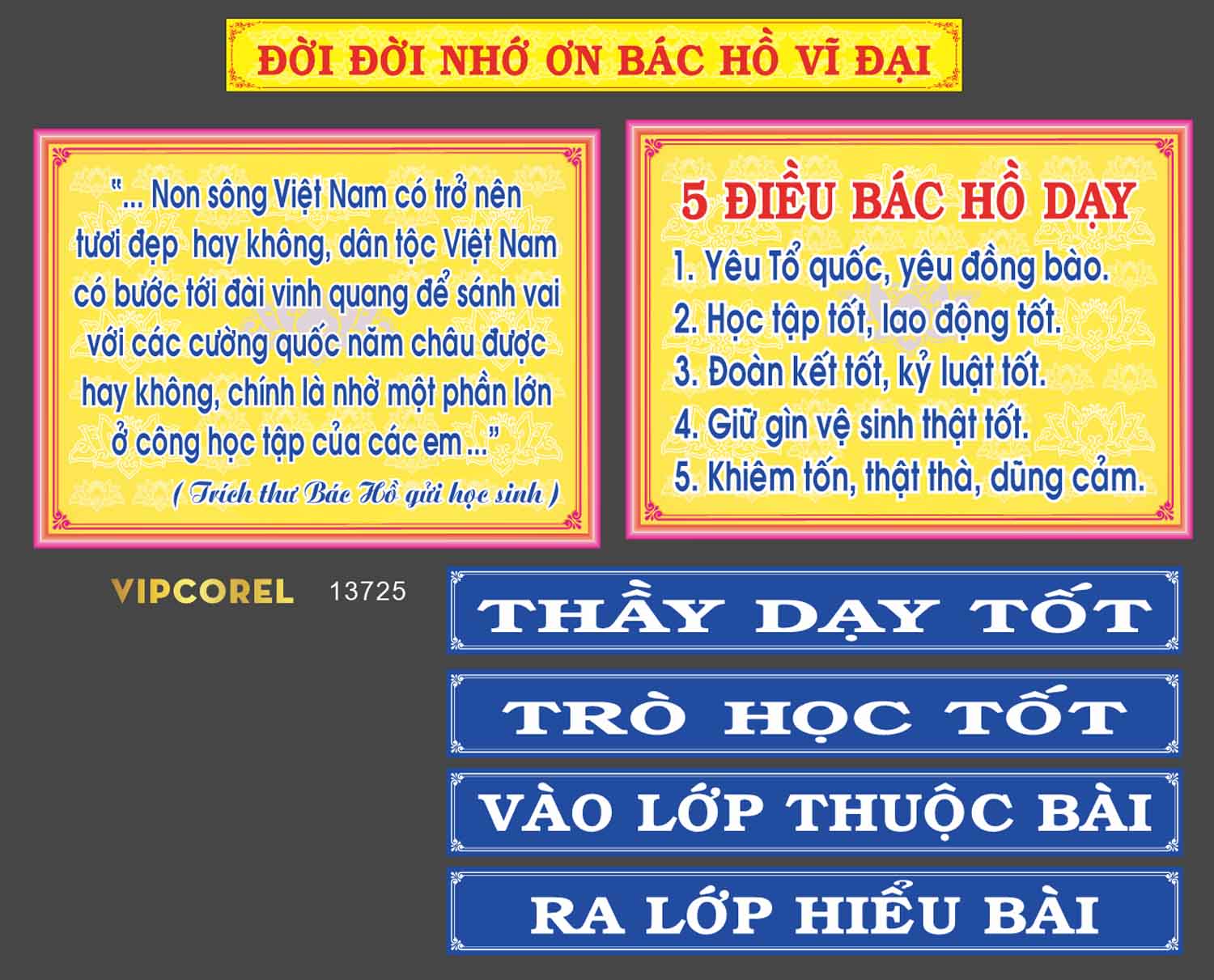 Bảng biểu lớp học đời đời nhớ ơn Bác Hồ vĩ đại file corel