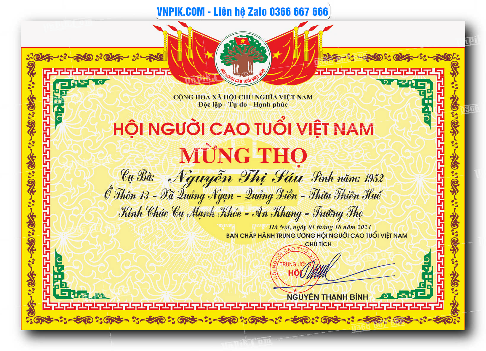 Bằng khen mừng thọ mẫu mới 2025 hội người cao tuổi #1