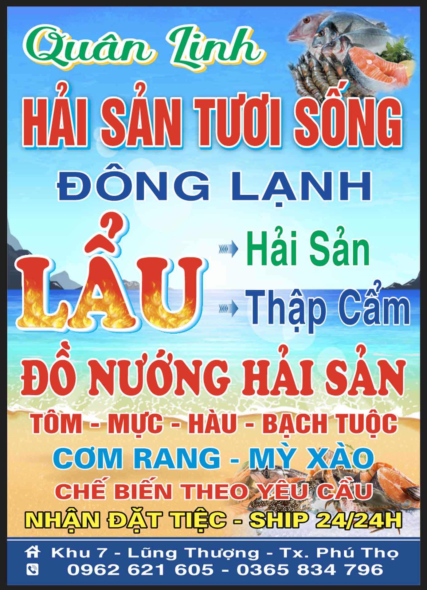 Biển quảng cáo Quân Linh Hải sản tươi sống file corel