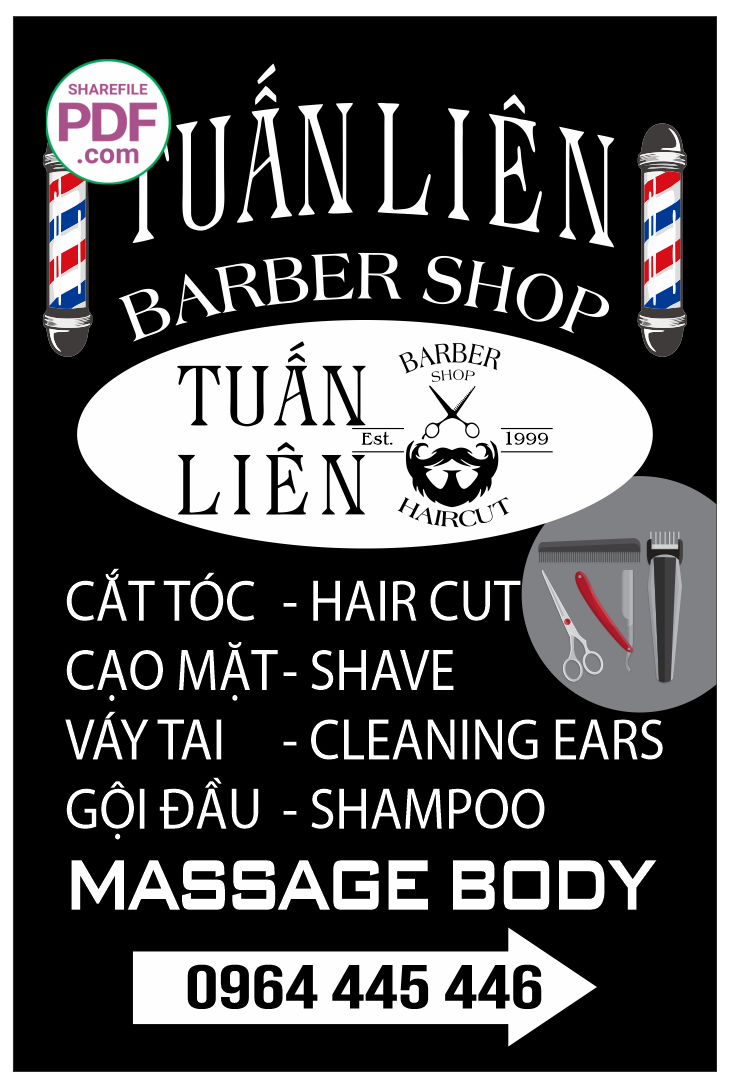 Biển Tuấn Liên Barber Shop – cắt tóc – hair cut file PDF & CDR
