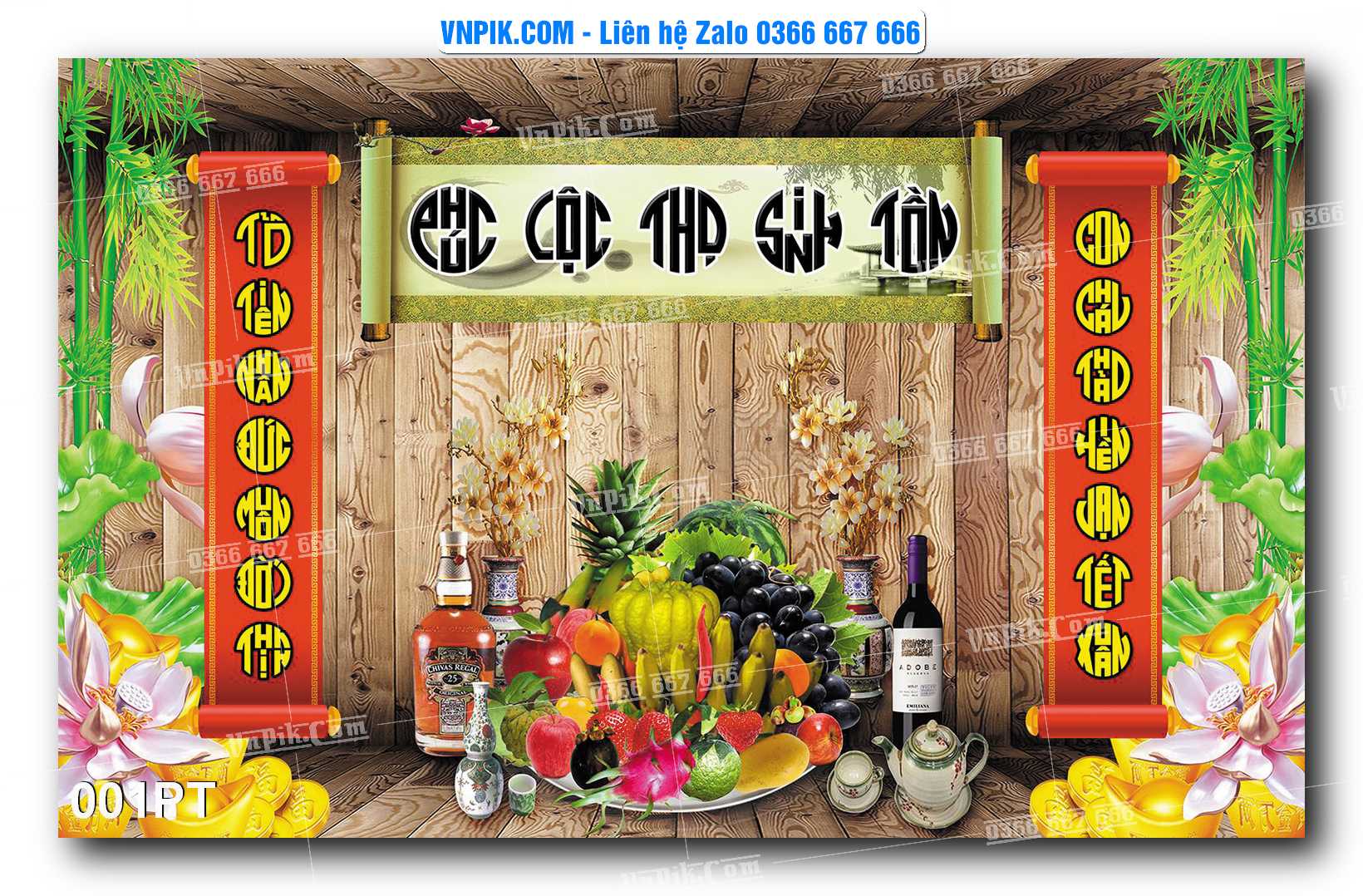 Tranh dán phòng thờ, bàn thờ, tranh mâm ngũ quả mẫu số 001PT