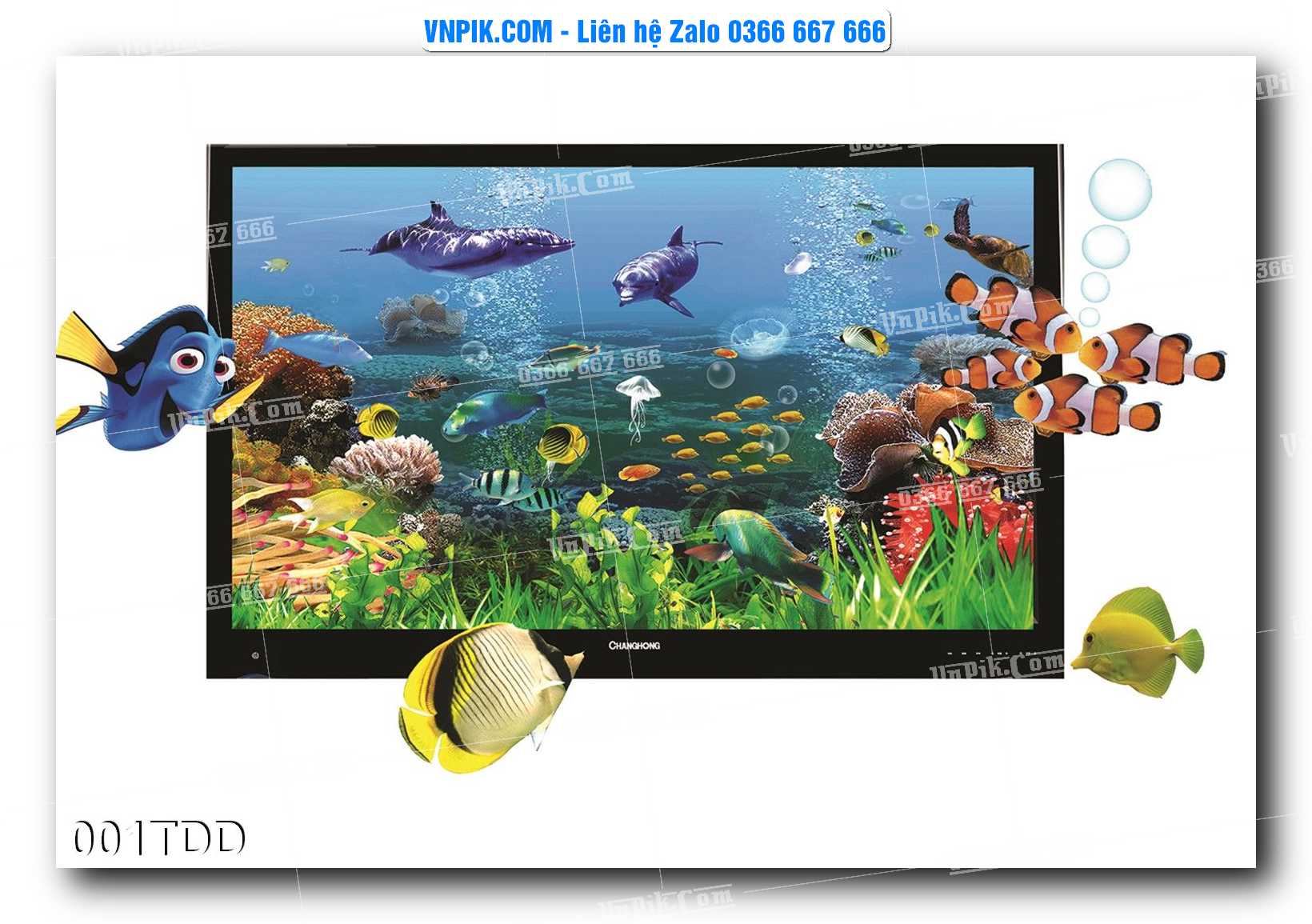 Tranh đại dương – cá heo 3D – tranh bể cá 001TDD