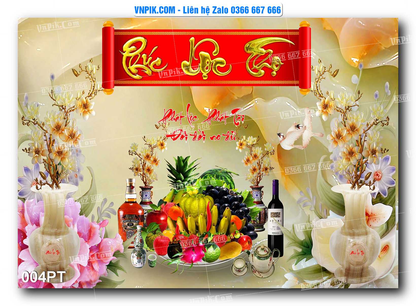 Tranh dán phòng thờ, bàn thờ, tranh mâm ngũ quả mẫu số 004PT