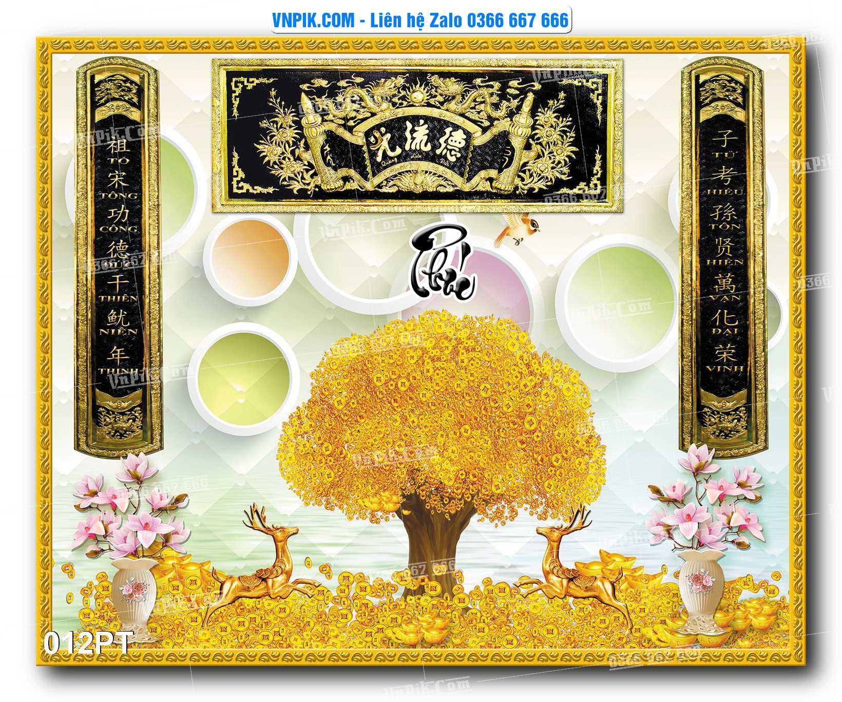 Tranh dán phòng thờ, bàn thờ, tranh mâm ngũ quả mẫu số 012PT