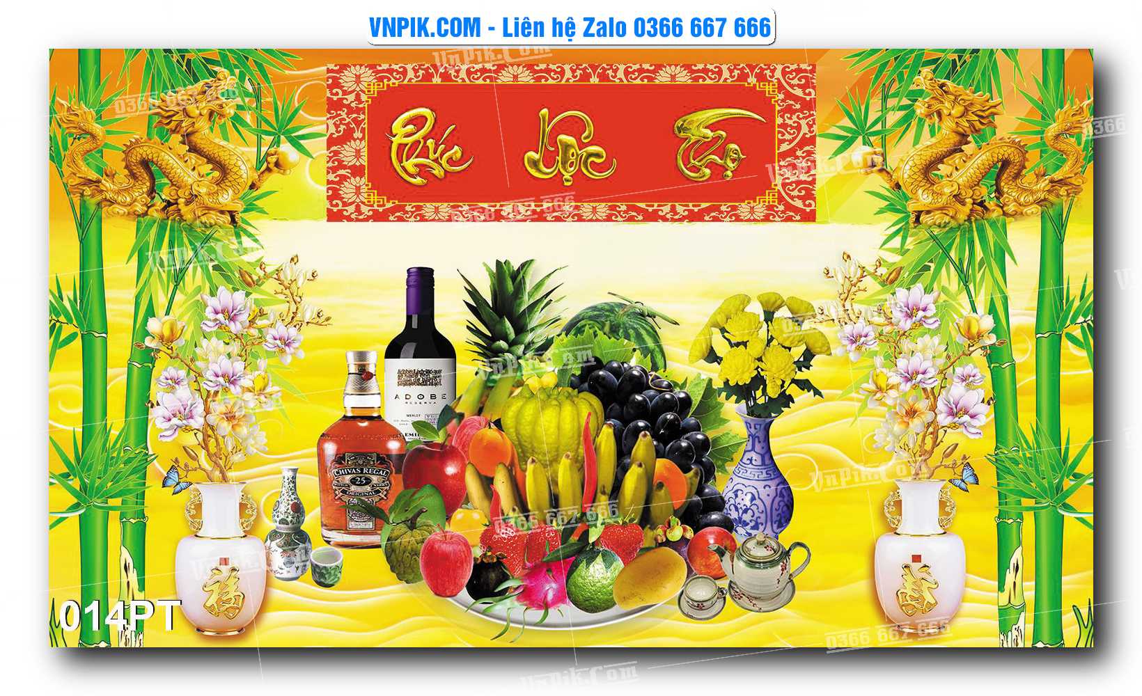 Tranh dán phòng thờ, bàn thờ, tranh mâm ngũ quả mẫu số 014PT