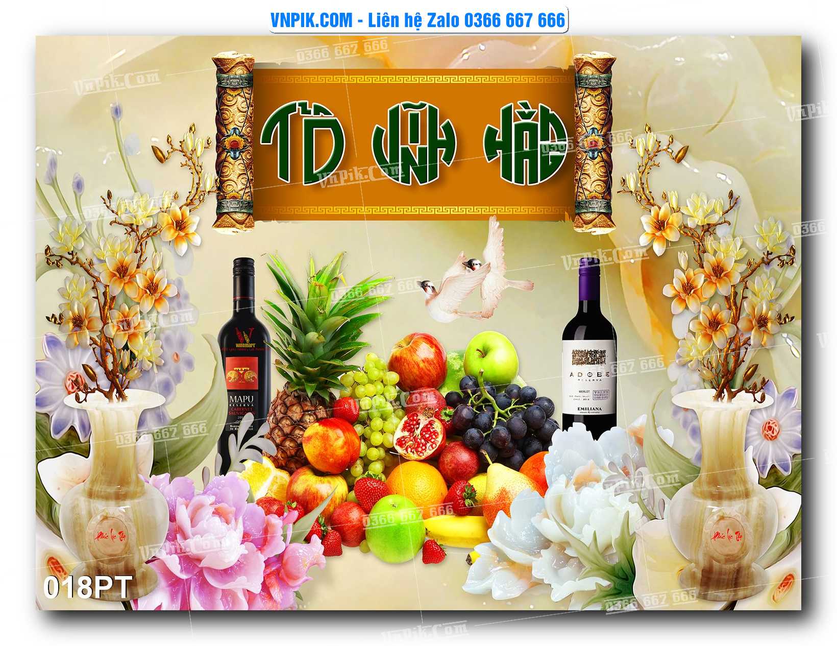 Tranh dán phòng thờ, bàn thờ, tranh mâm ngũ quả mẫu số 018PT