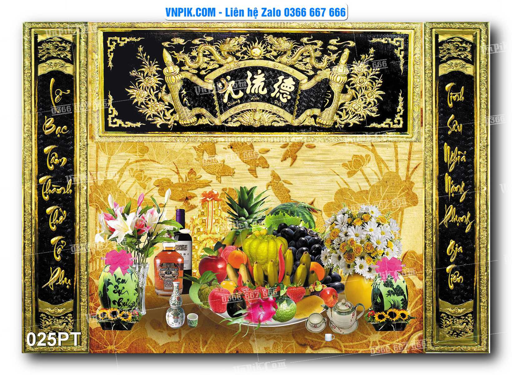 Tranh dán phòng thờ, bàn thờ, tranh mâm ngũ quả mẫu số 025PT