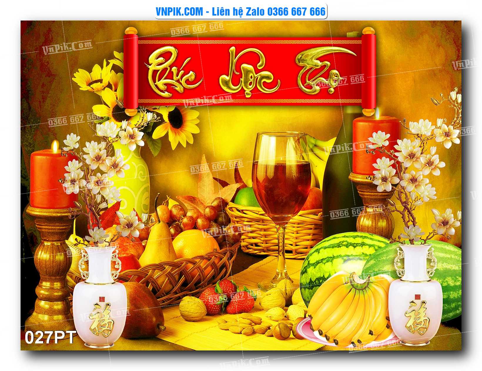 Tranh dán phòng thờ, bàn thờ, tranh mâm ngũ quả mẫu số 027PT