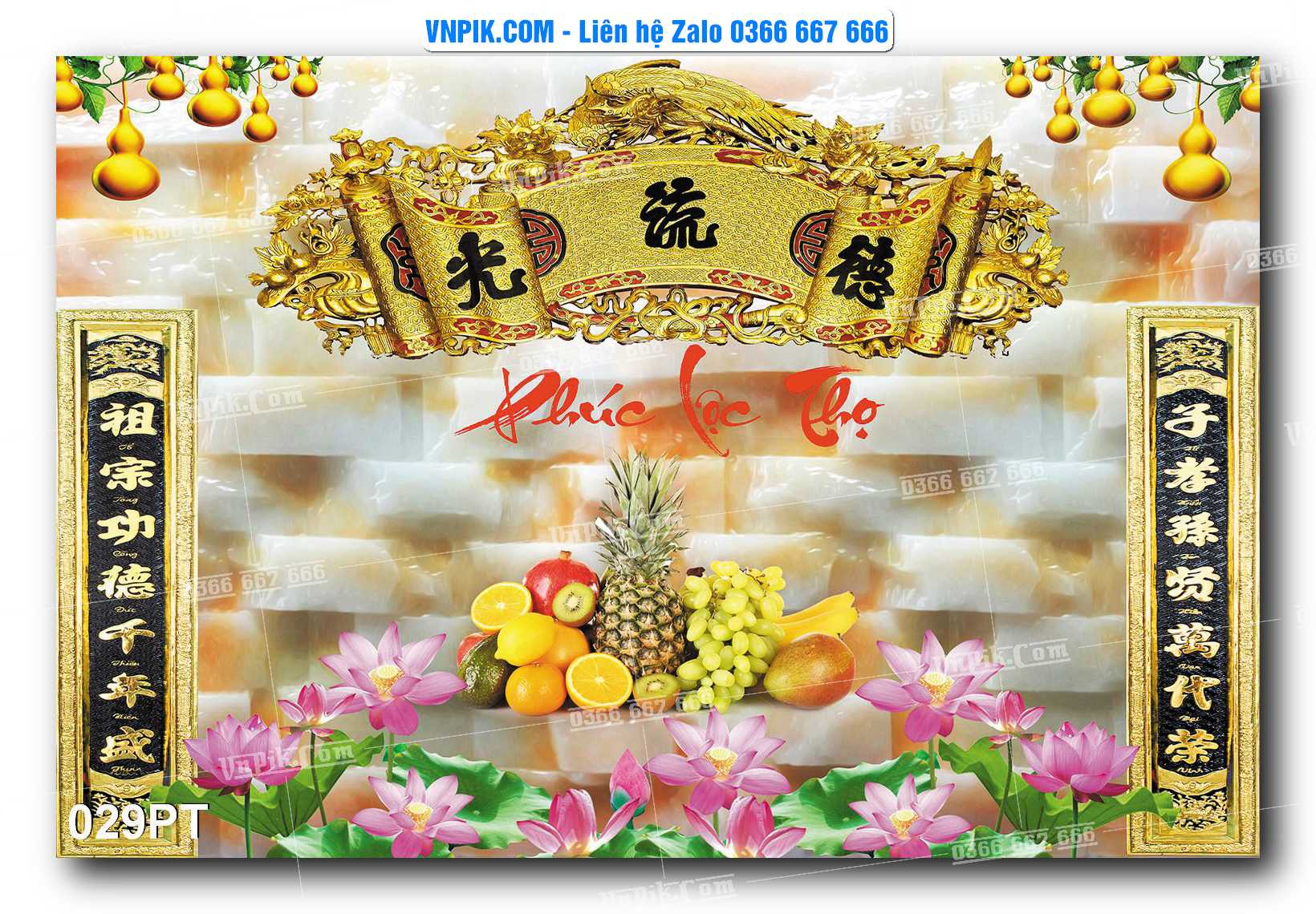 Tranh dán phòng thờ, bàn thờ, tranh mâm ngũ quả mẫu số 029PT