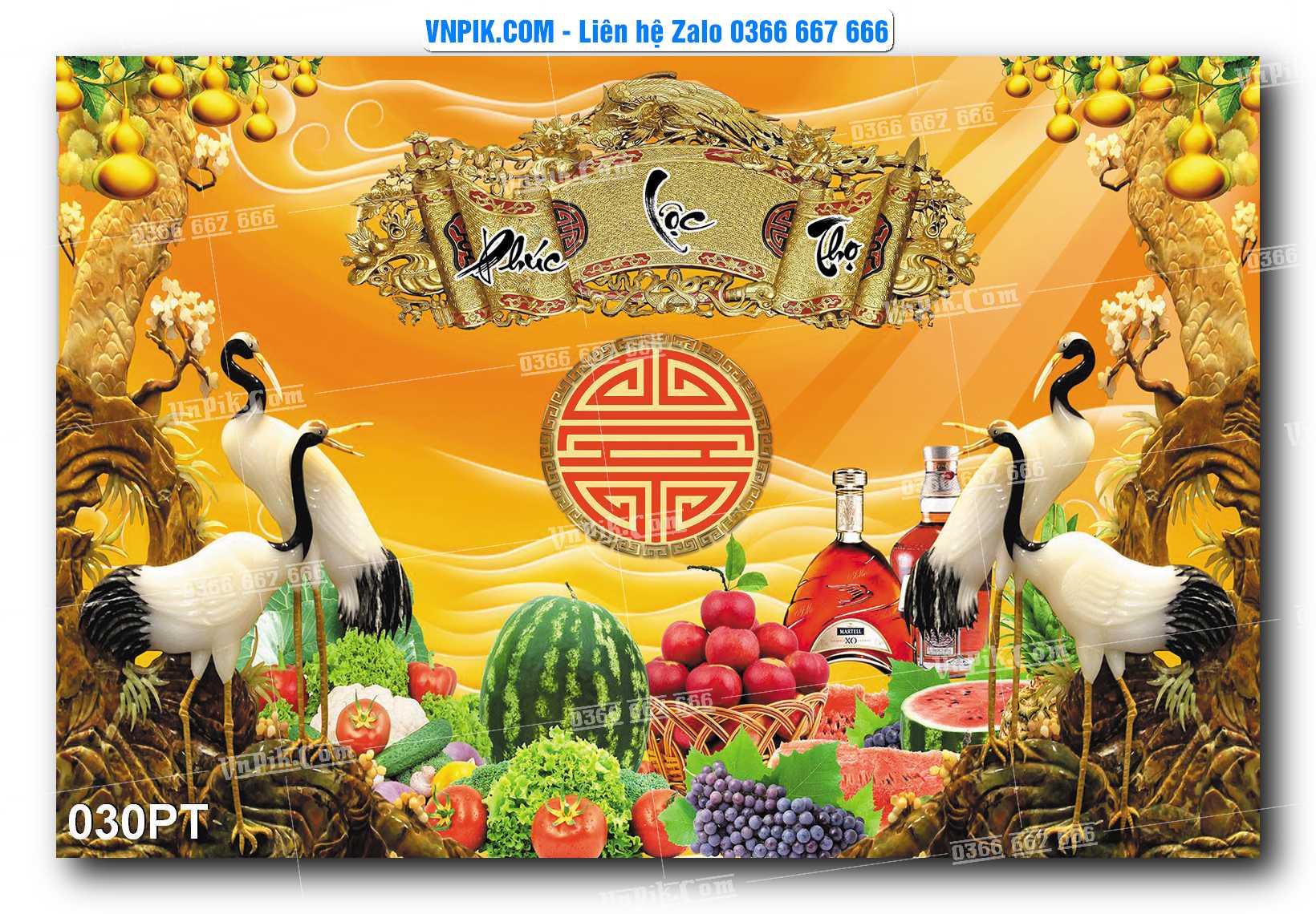 Tranh dán phòng thờ, bàn thờ, tranh mâm ngũ quả mẫu số 030PT