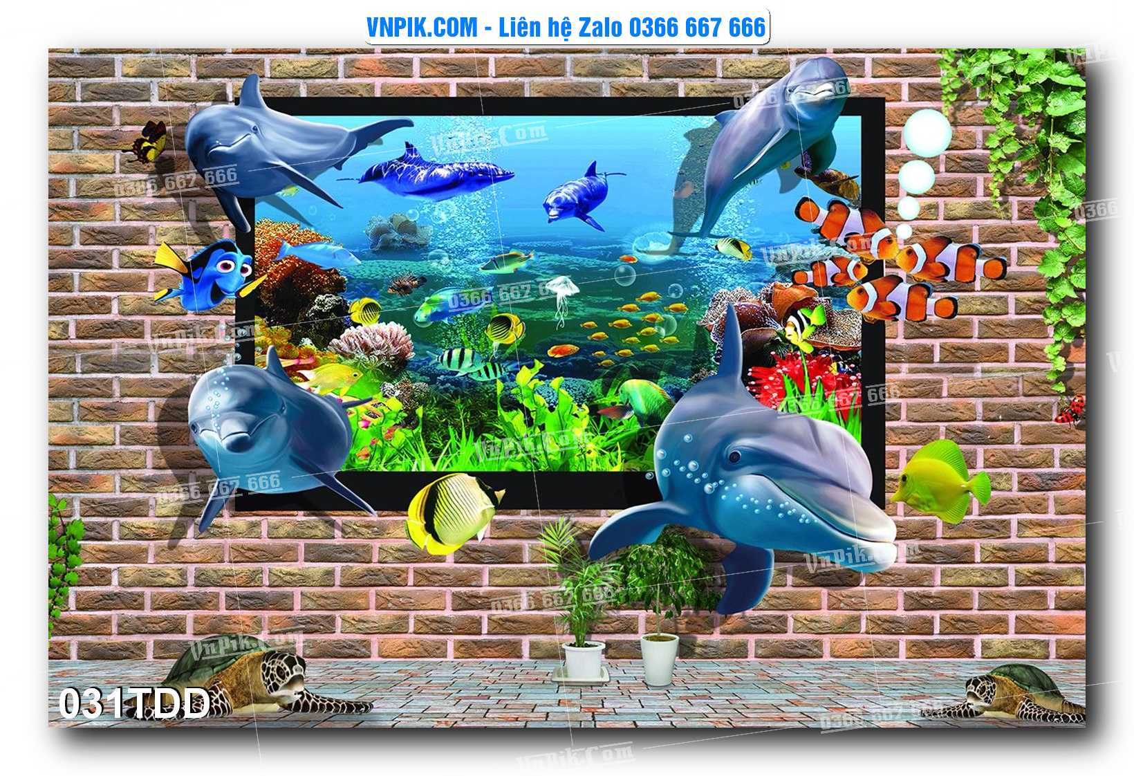Tranh đại dương – cá heo 3D – tranh bể cá 031TDD