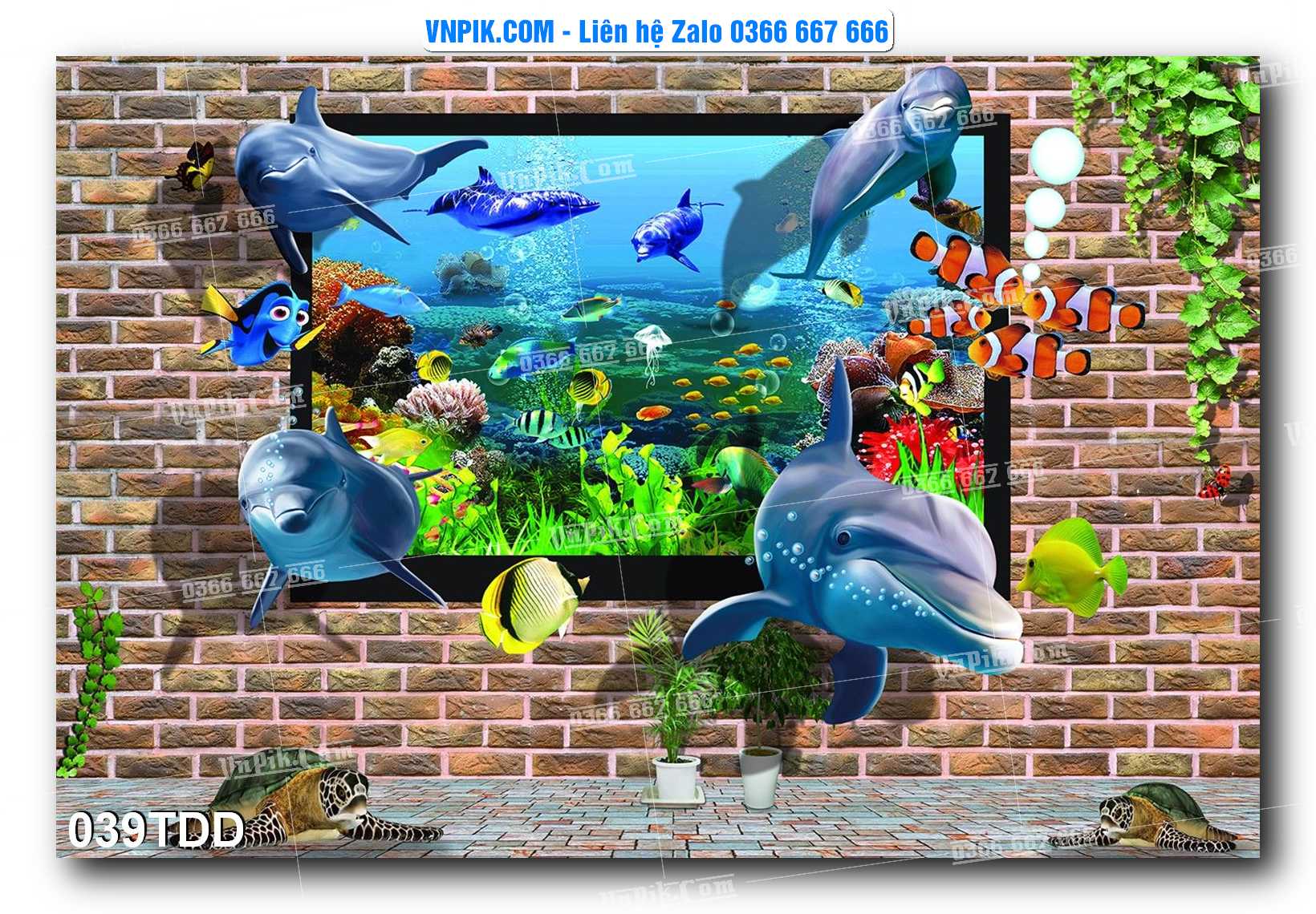 Tranh đại dương – cá heo 3D – tranh bể cá 039TDD