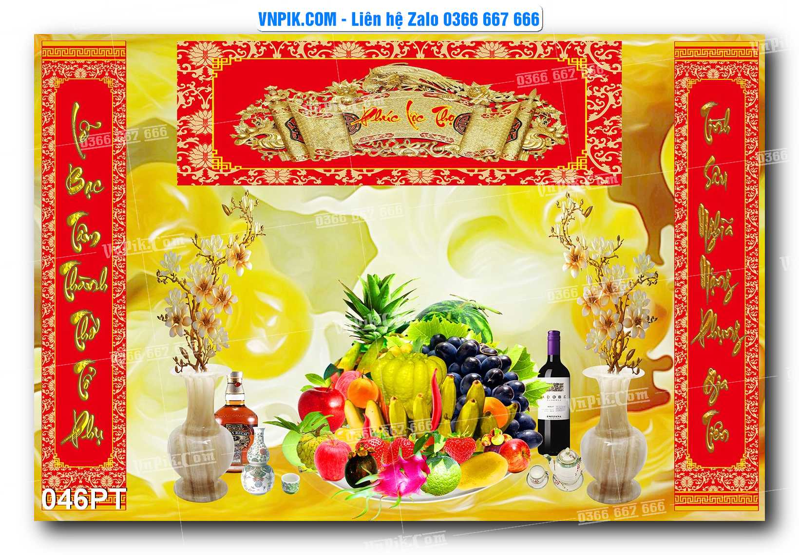 Tranh dán phòng thờ, bàn thờ, tranh mâm ngũ quả mẫu số 046PT