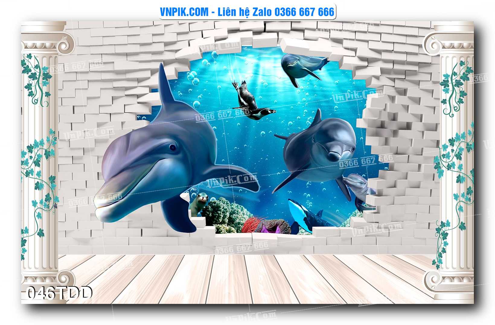 Tranh đại dương – cá heo 3D – tranh bể cá 046TDD