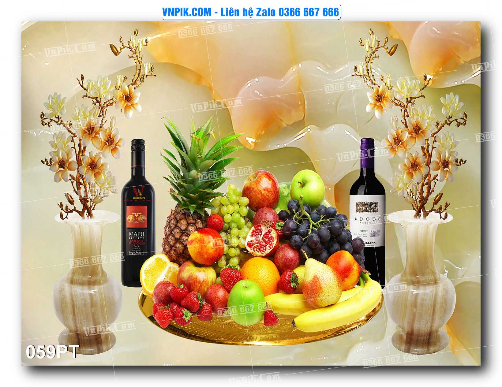 Tranh dán phòng thờ, bàn thờ, tranh mâm ngũ quả mẫu số 059PT