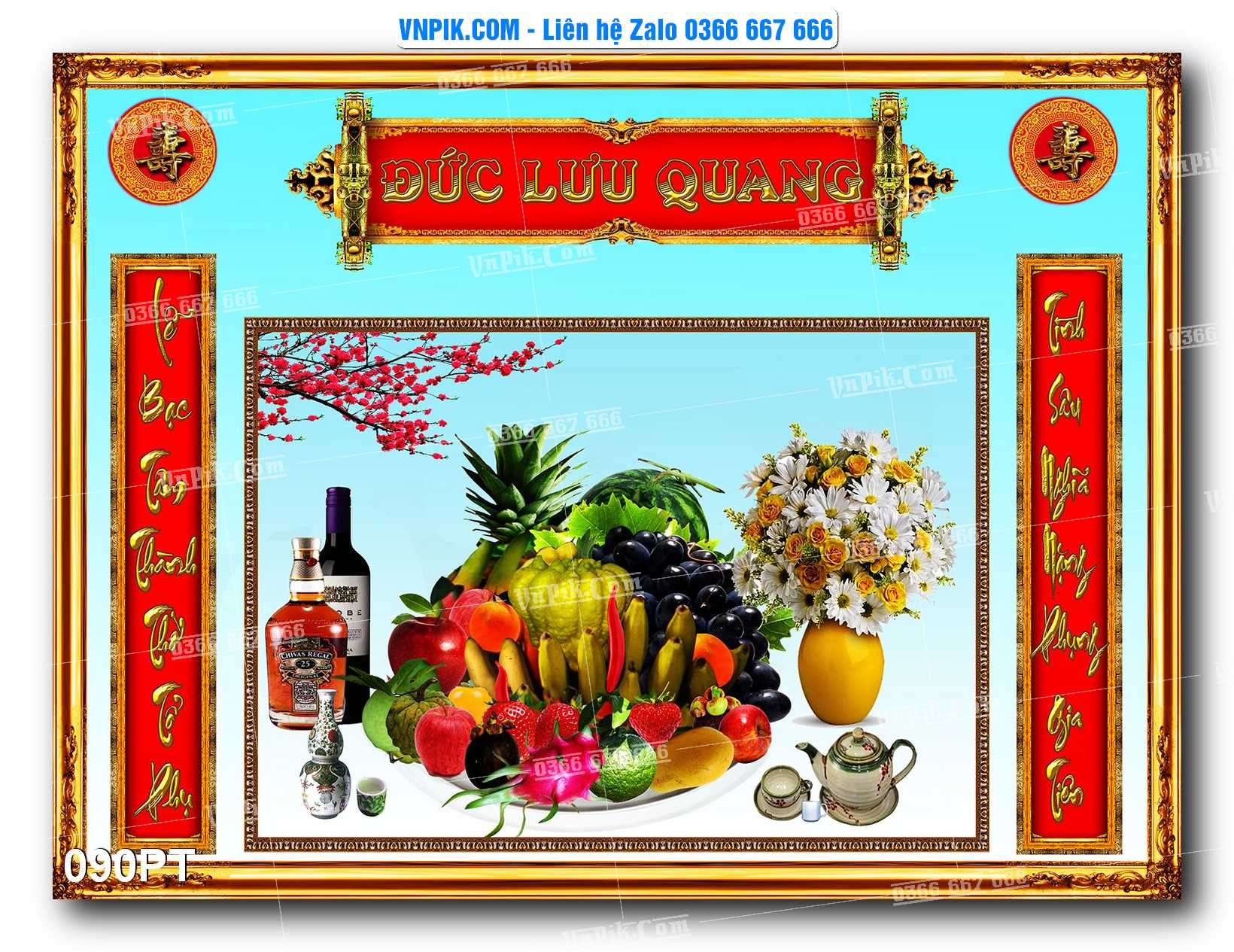 Tranh dán phòng thờ, bàn thờ, tranh mâm ngũ quả mẫu số 090PT