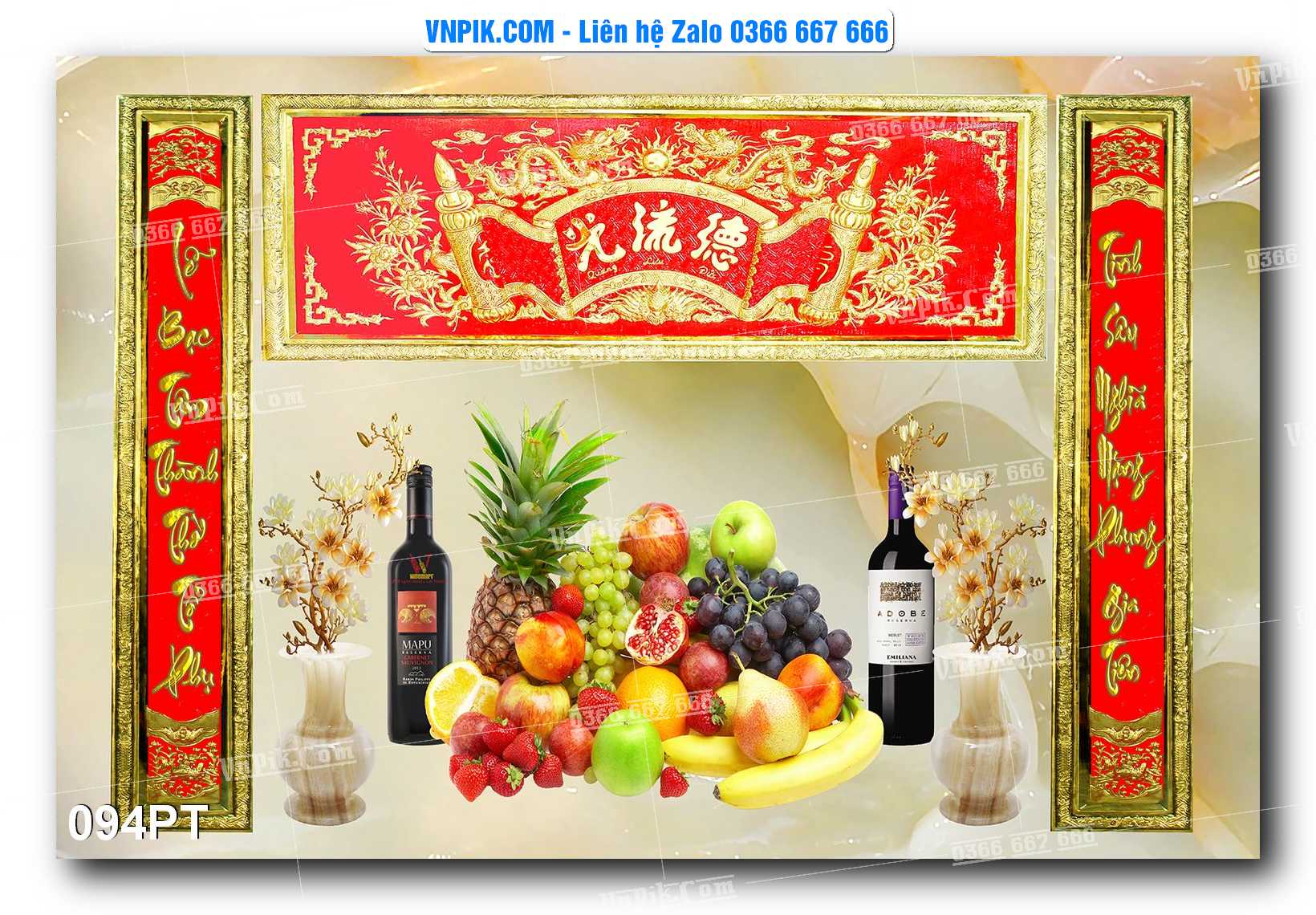 Tranh dán phòng thờ, bàn thờ, tranh mâm ngũ quả mẫu số 094PT