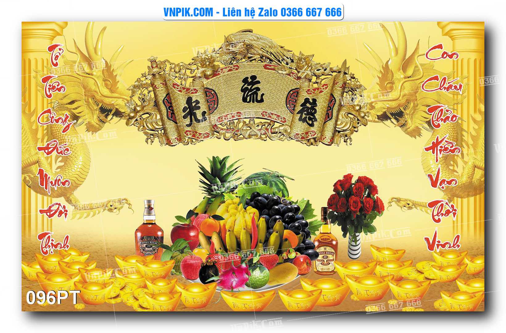 Tranh dán phòng thờ, bàn thờ, tranh mâm ngũ quả mẫu số 096PT