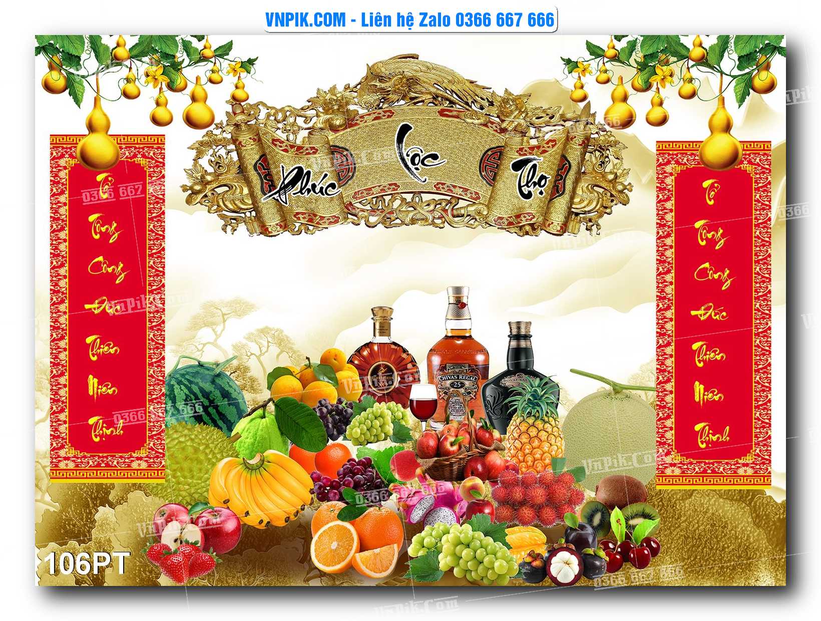 Tranh dán phòng thờ, bàn thờ, tranh mâm ngũ quả mẫu số 106PT