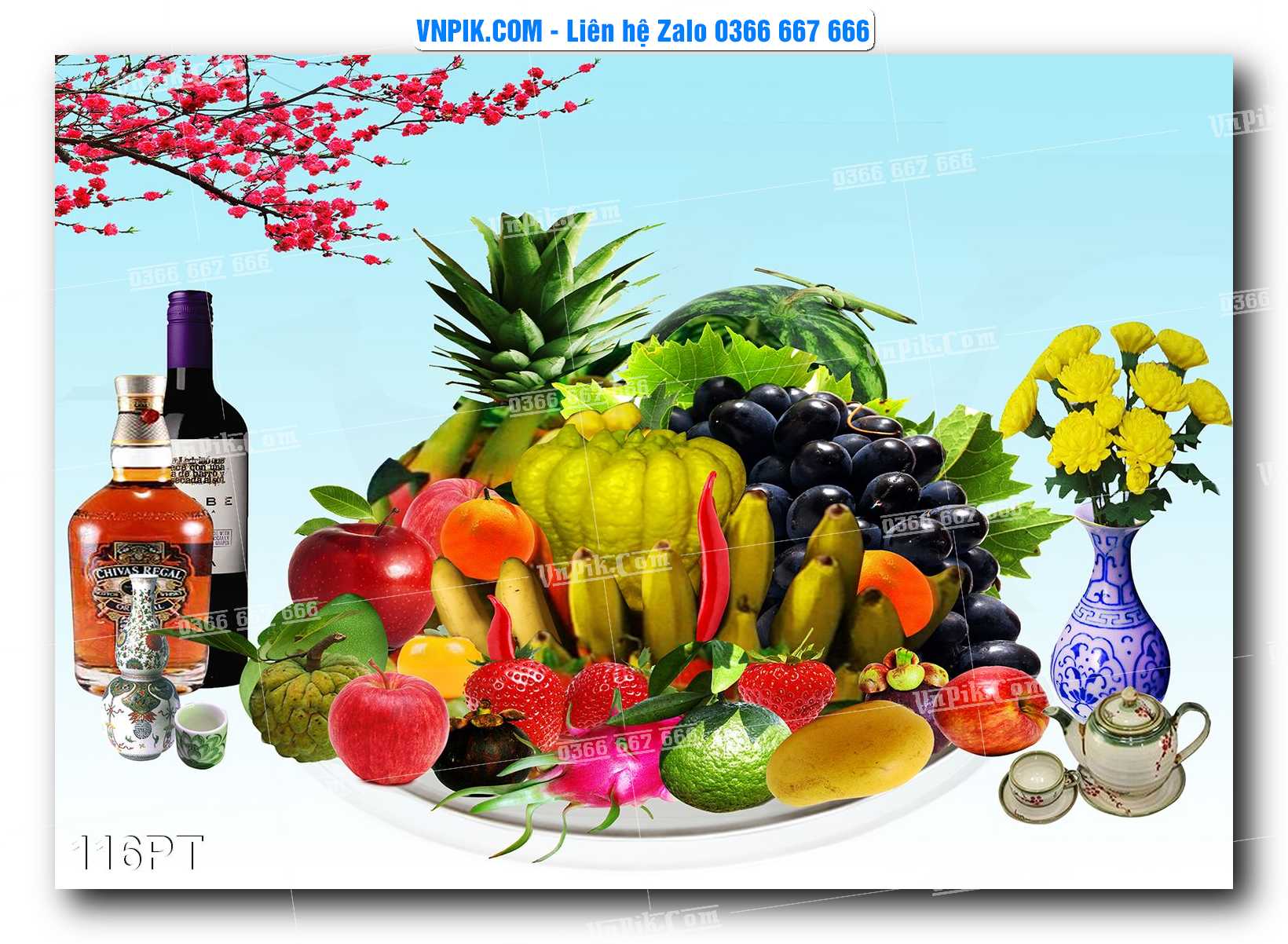 Tranh dán phòng thờ, bàn thờ, tranh mâm ngũ quả mẫu số 116PT