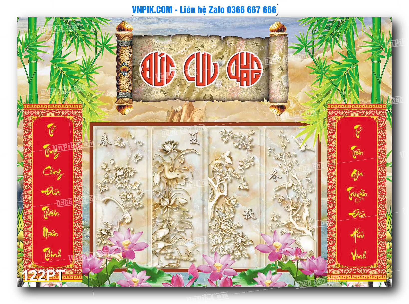 Tranh dán phòng thờ, bàn thờ, tranh mâm ngũ quả mẫu số 122PT
