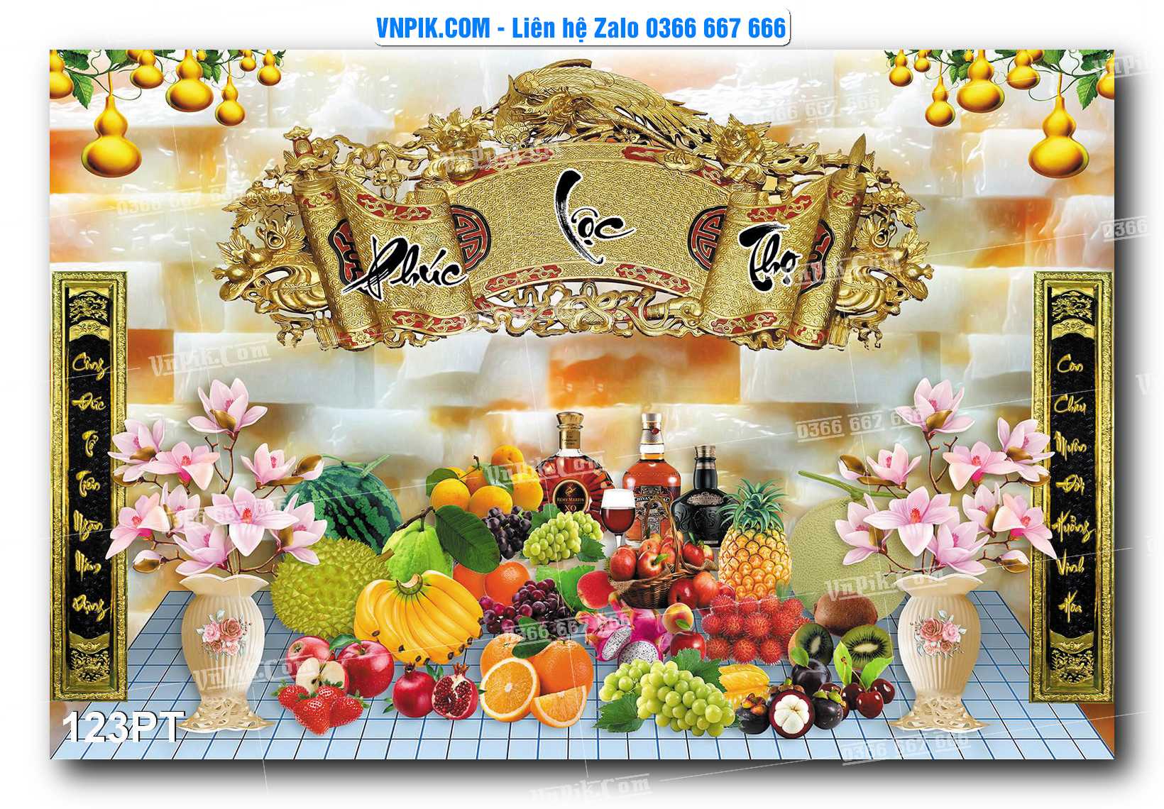 Tranh dán phòng thờ, bàn thờ, tranh mâm ngũ quả mẫu số 123PT