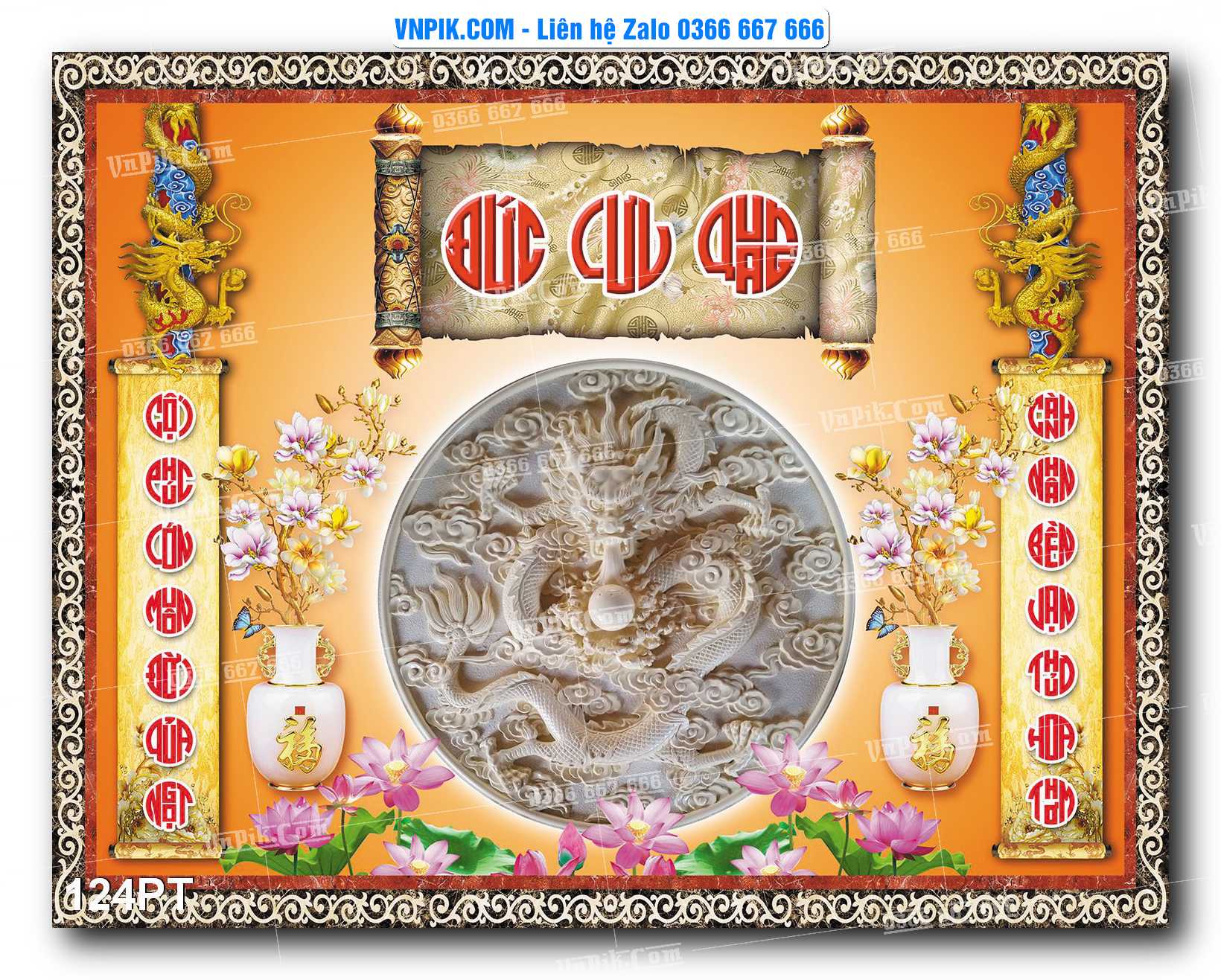 Tranh dán phòng thờ, bàn thờ, tranh mâm ngũ quả mẫu số 124PT